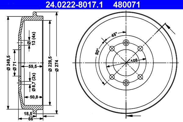 Tamburo freno - 24.0222-8017.1 ATE