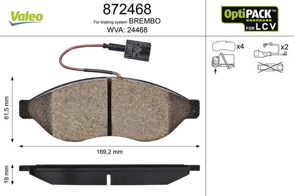 stabdžių trinkelių rinkinys, diskinis stabdys - 872468 VALEO