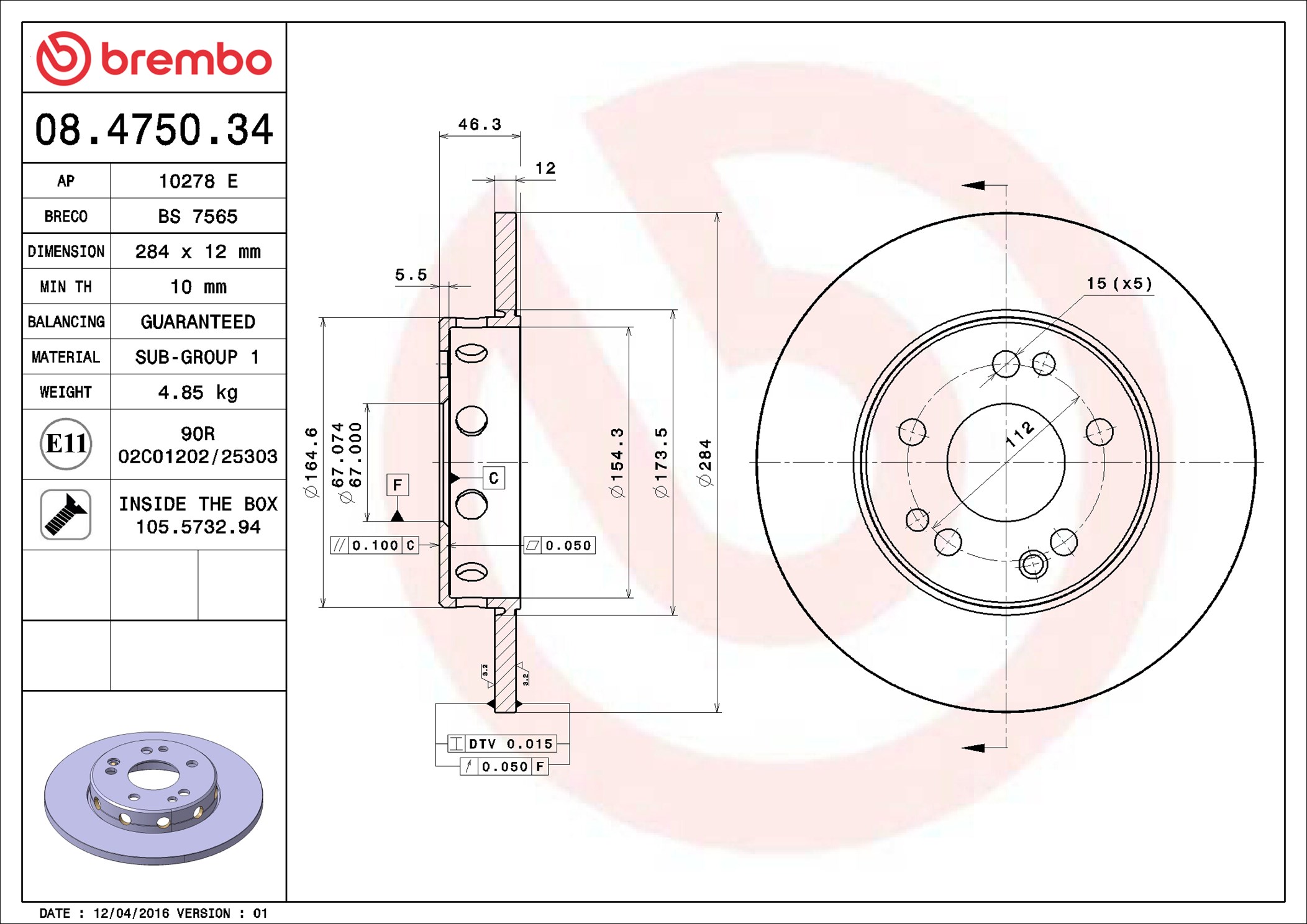 Brake Disc - 08.4750.34 BREMBO