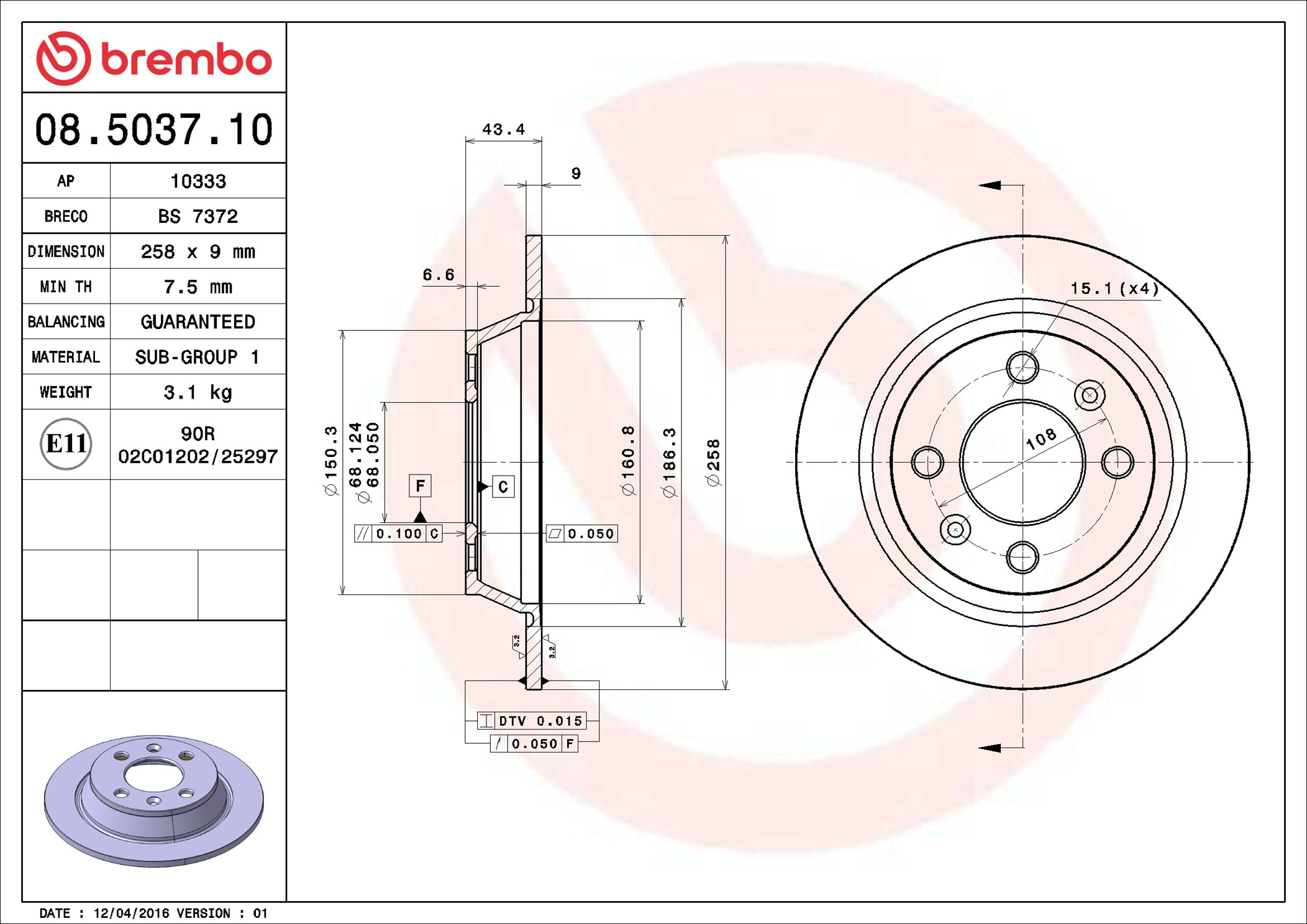 Тормозной диск - 08.5037.10 BREMBO
