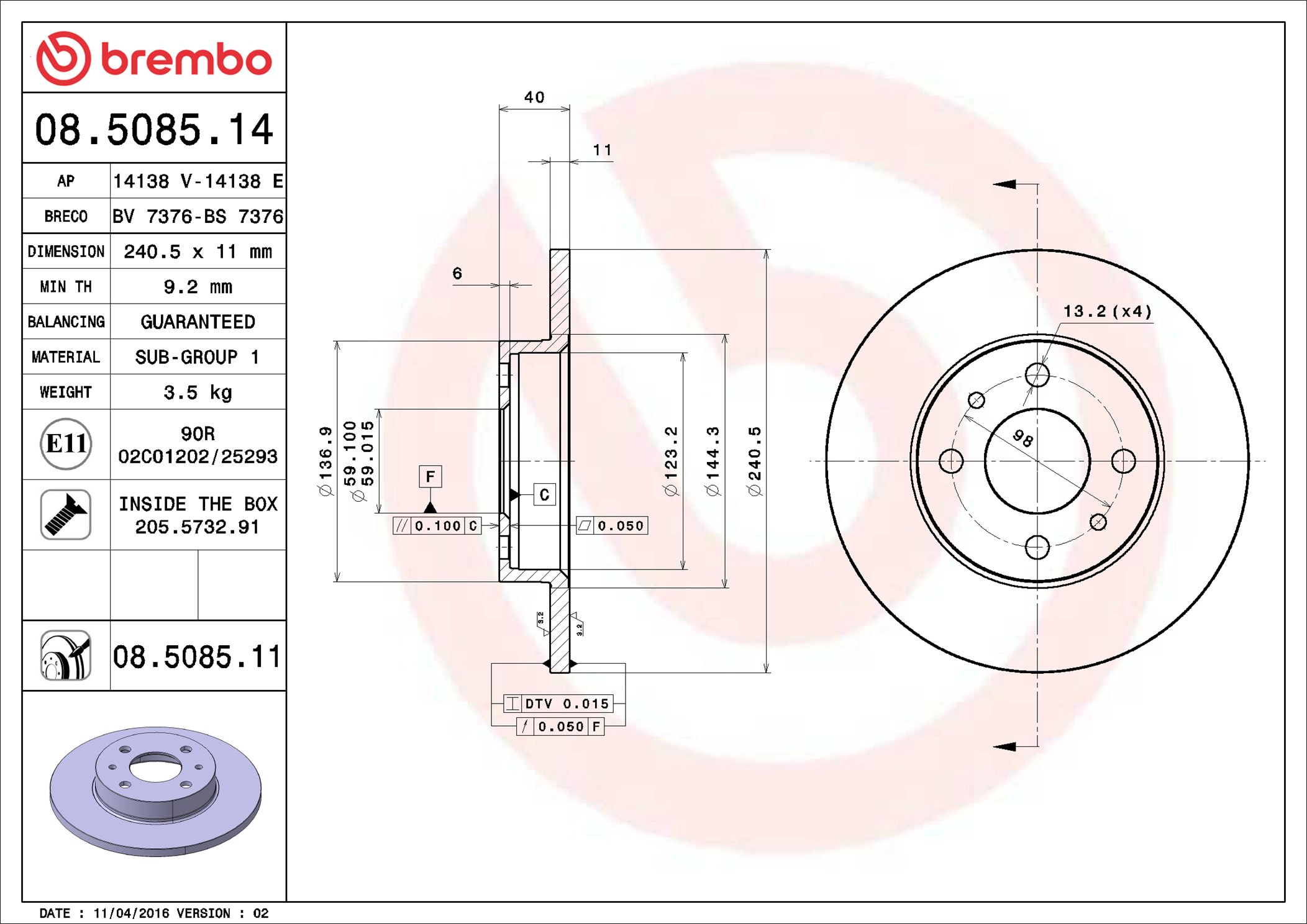 Brake Disc - 08.5085.11 BREMBO