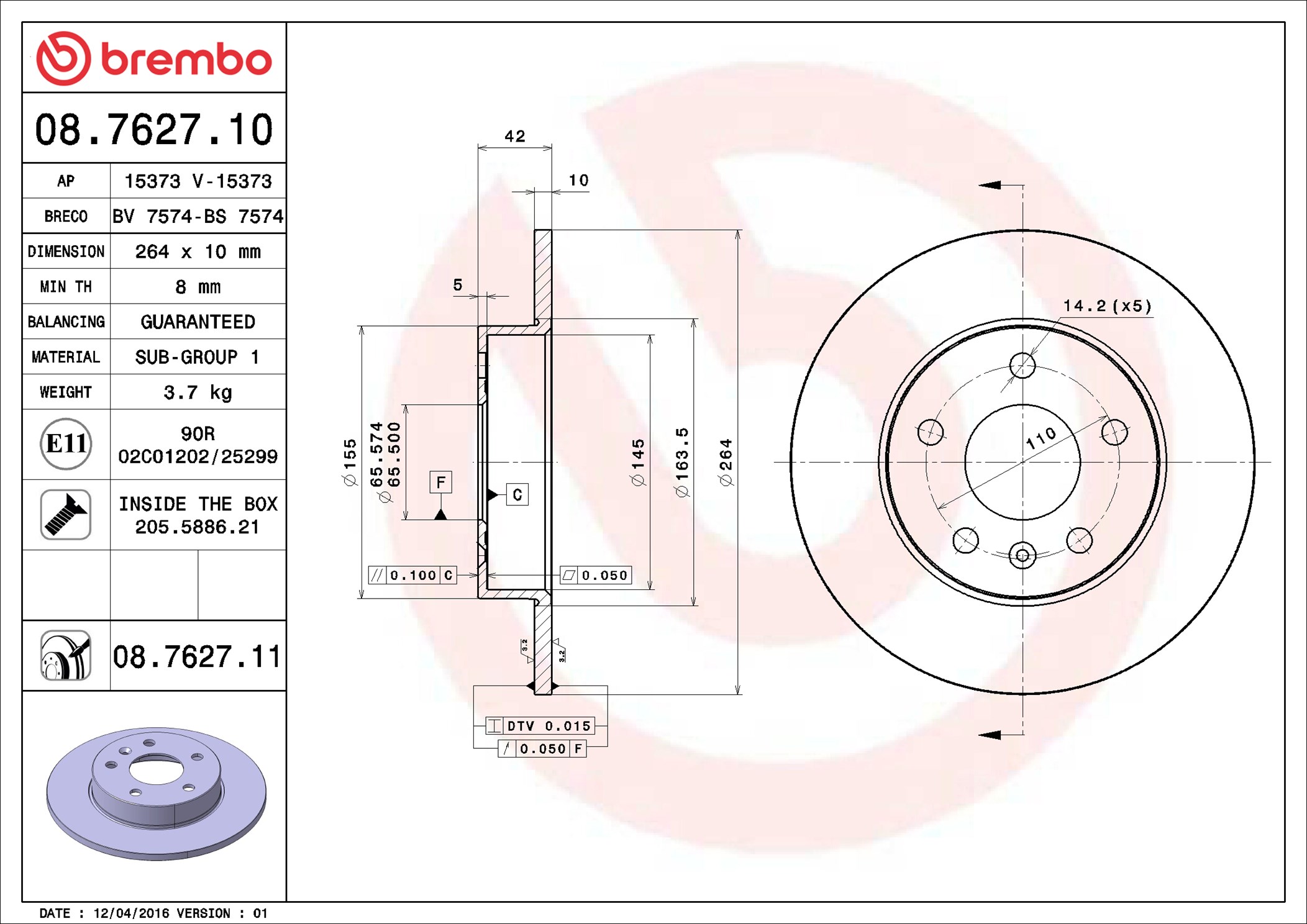 Brake Disc - 08.7627.11 BREMBO