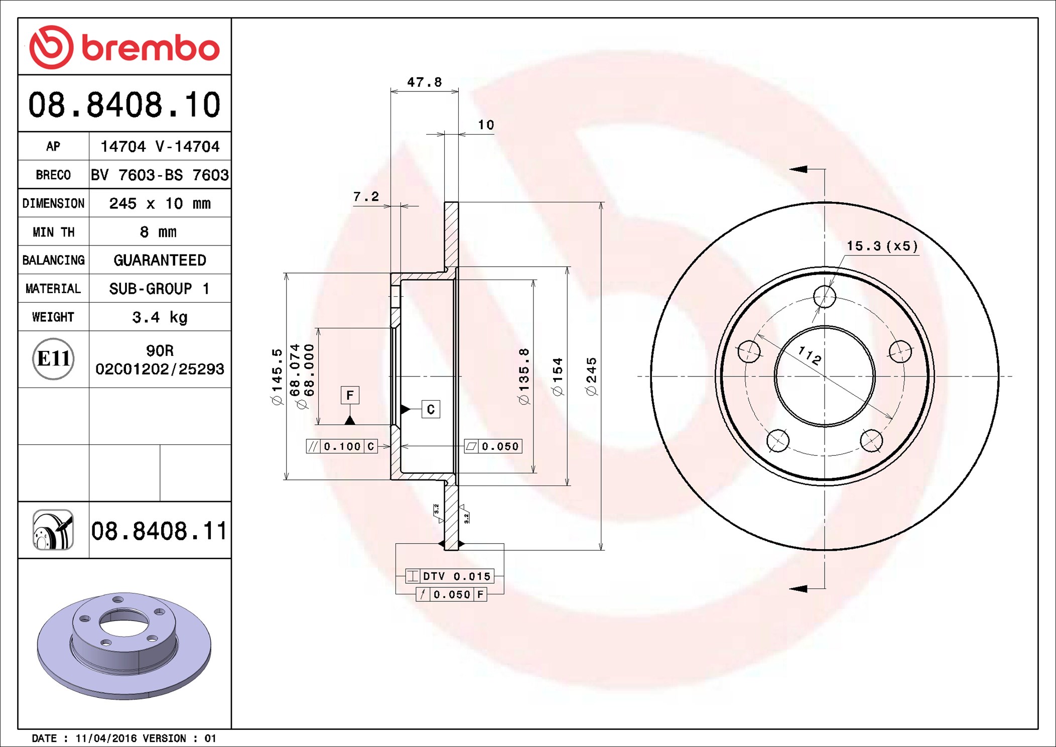Brake Disc - 08.8408.11 BREMBO