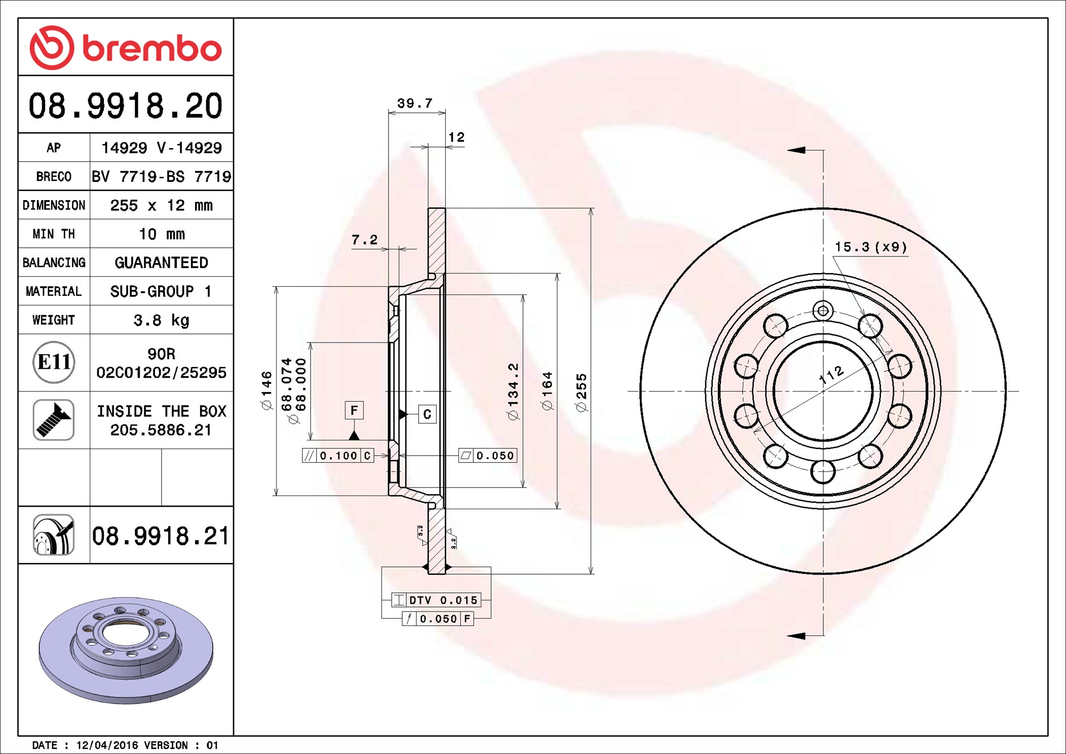 stabdžių diskas - 08.9918.21 BREMBO