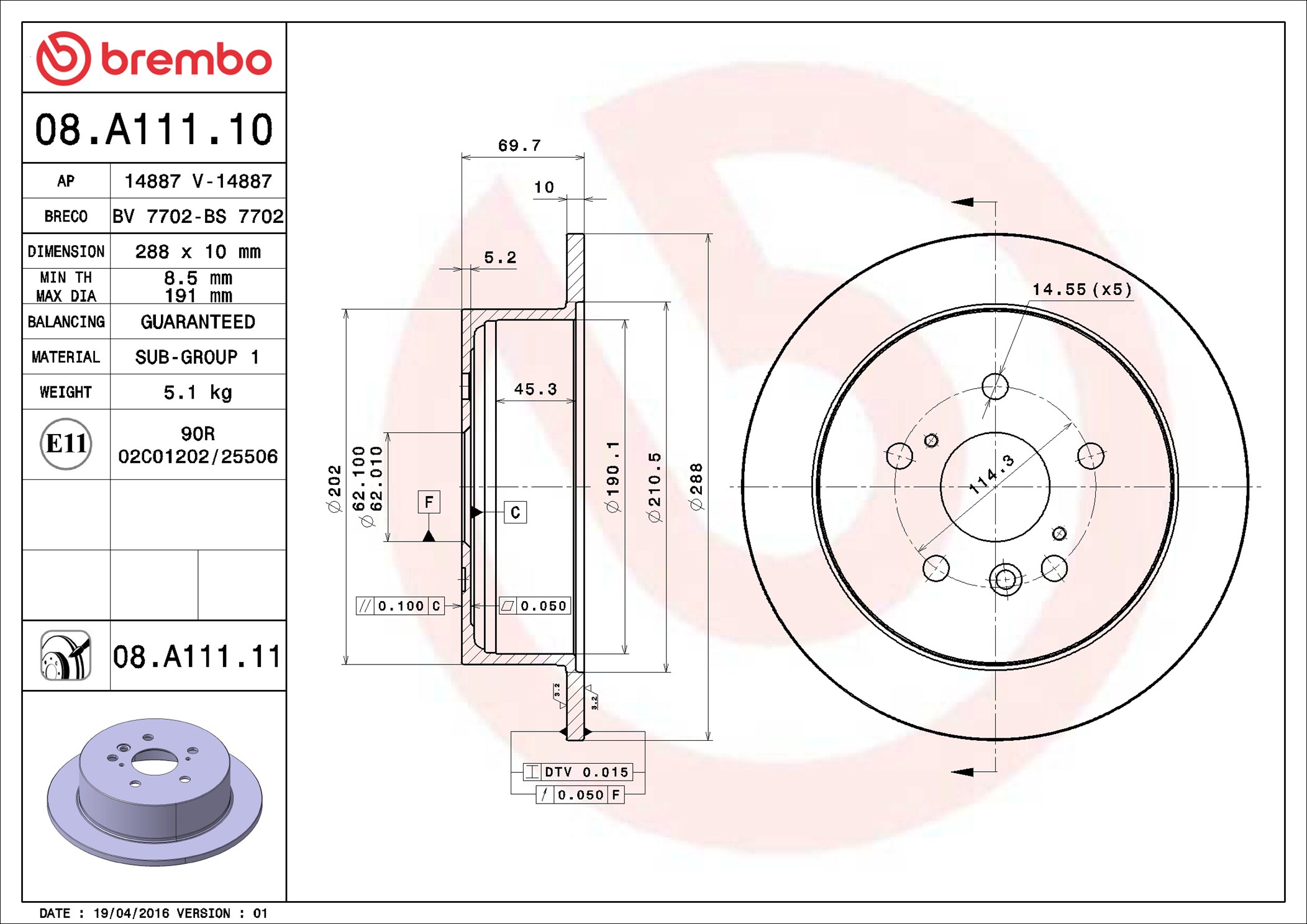 Brake Disc - 08.A111.11 BREMBO