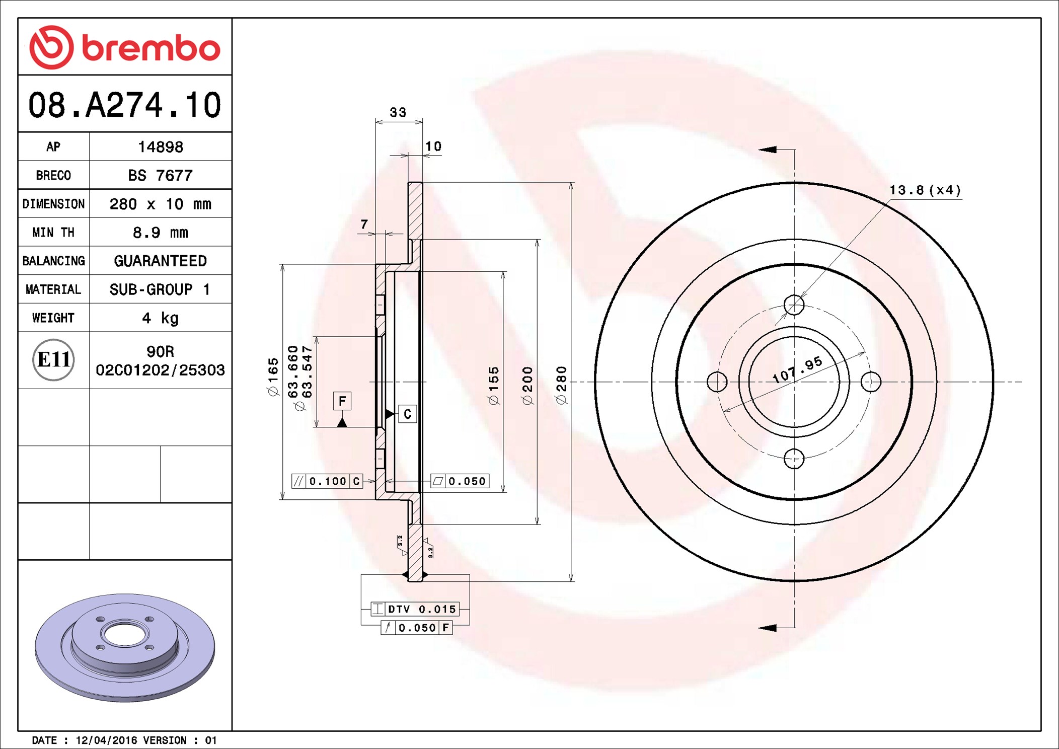 Brake Disc - 08.A274.10 BREMBO