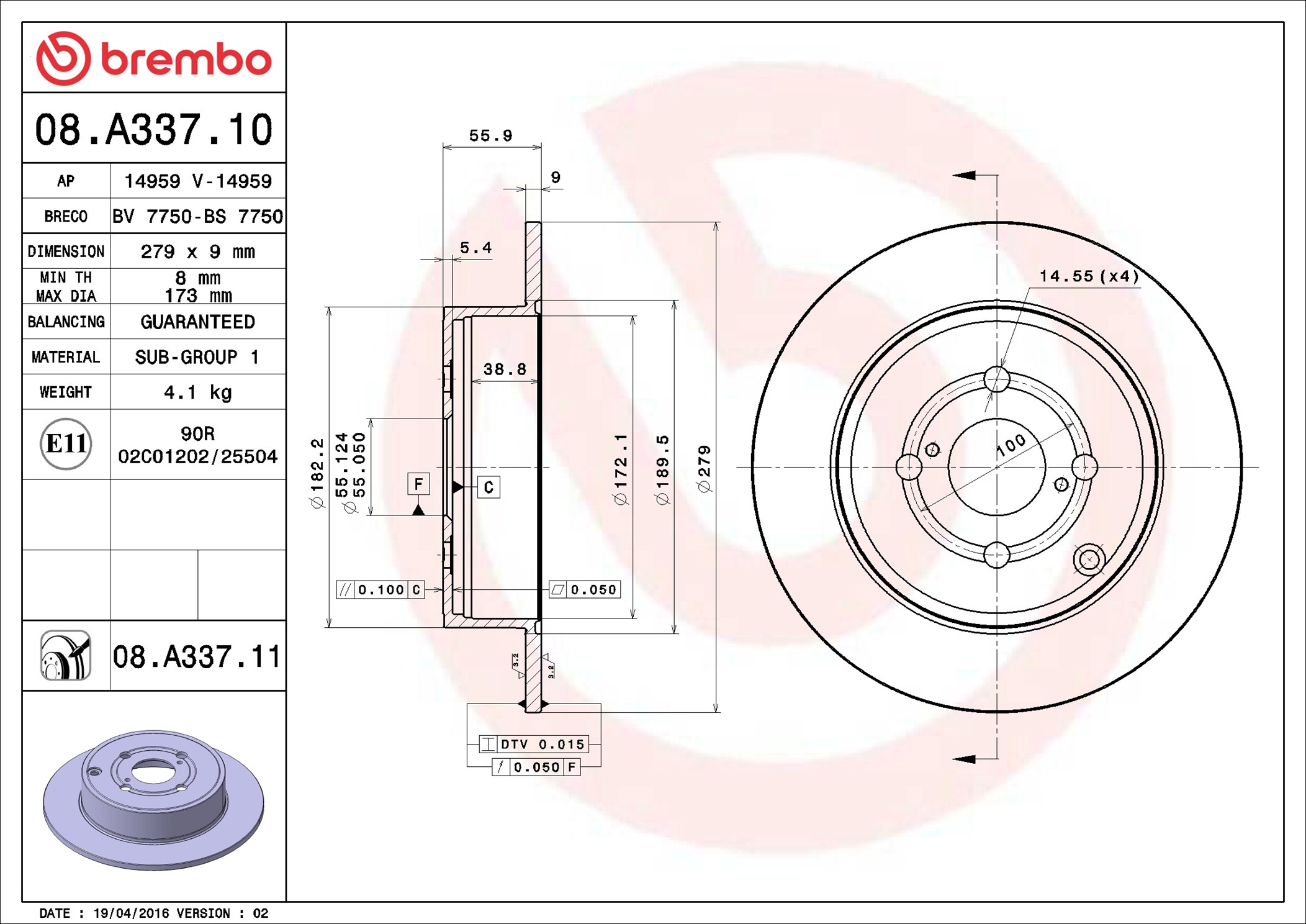 stabdžių diskas - 08.A337.11 BREMBO