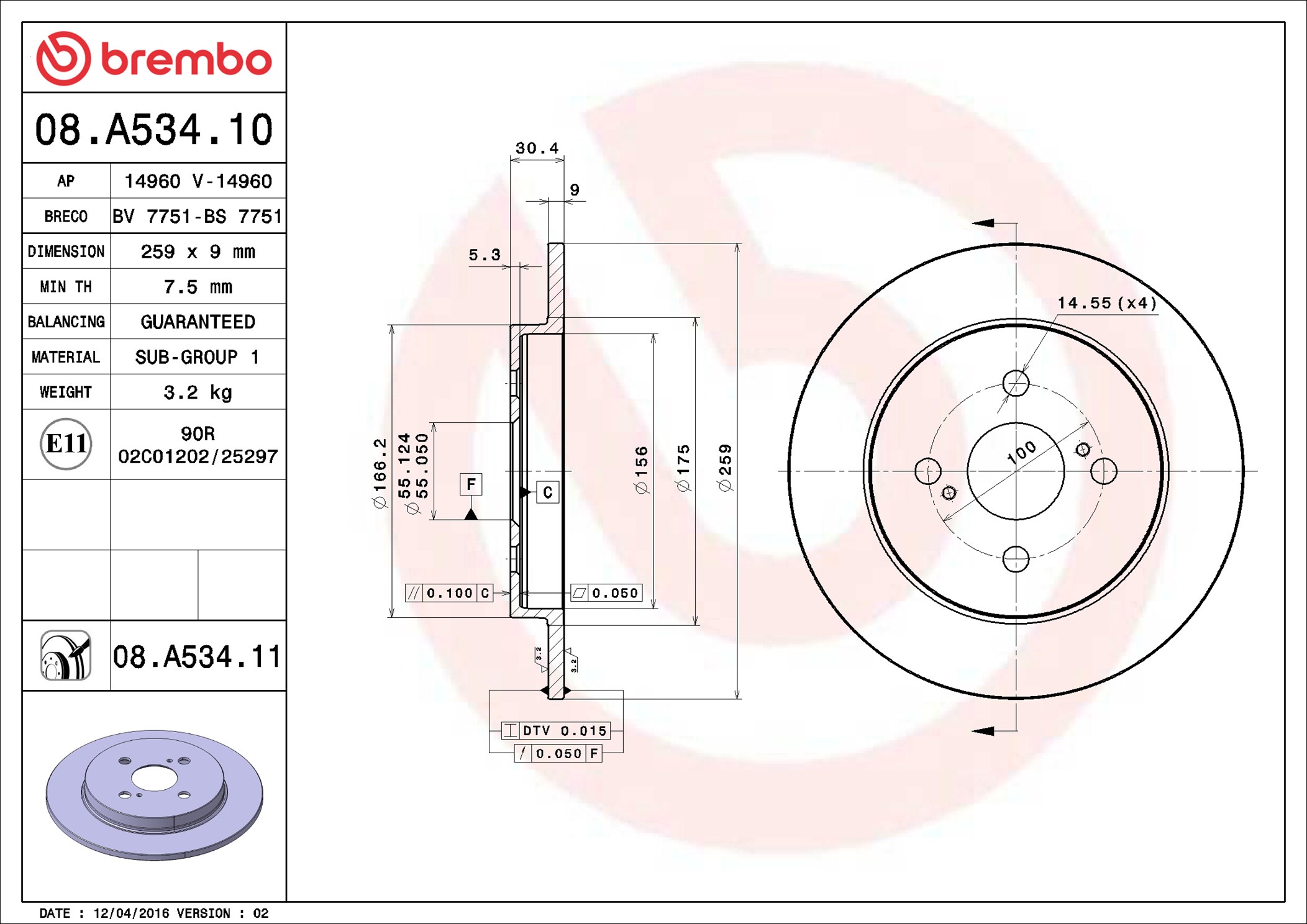 stabdžių diskas - 08.A534.11 BREMBO