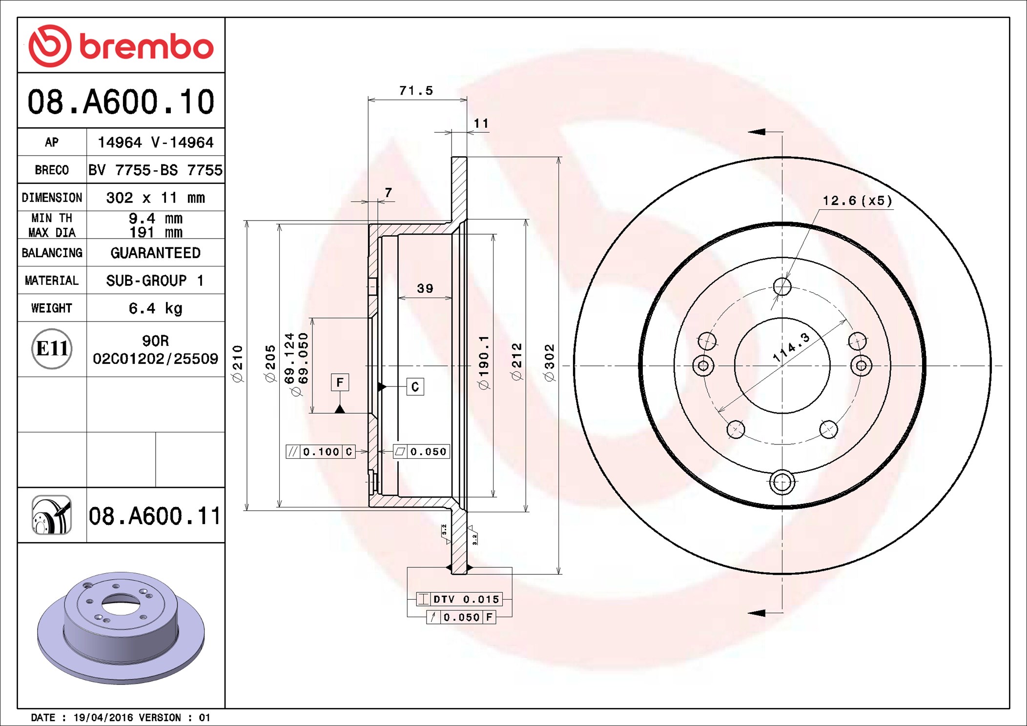 Brake Disc - 08.A600.11 BREMBO