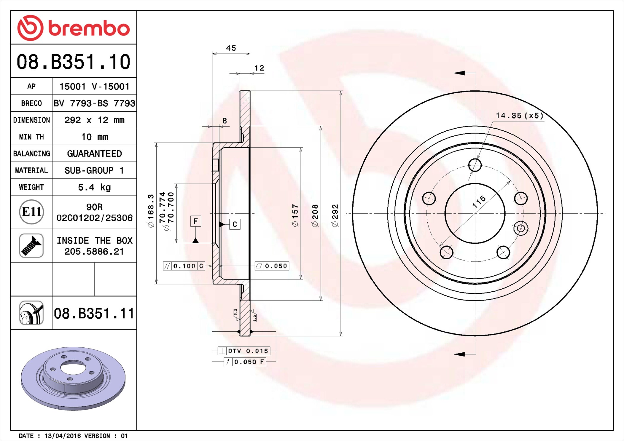 Тормозной диск - 08.B351.11 BREMBO