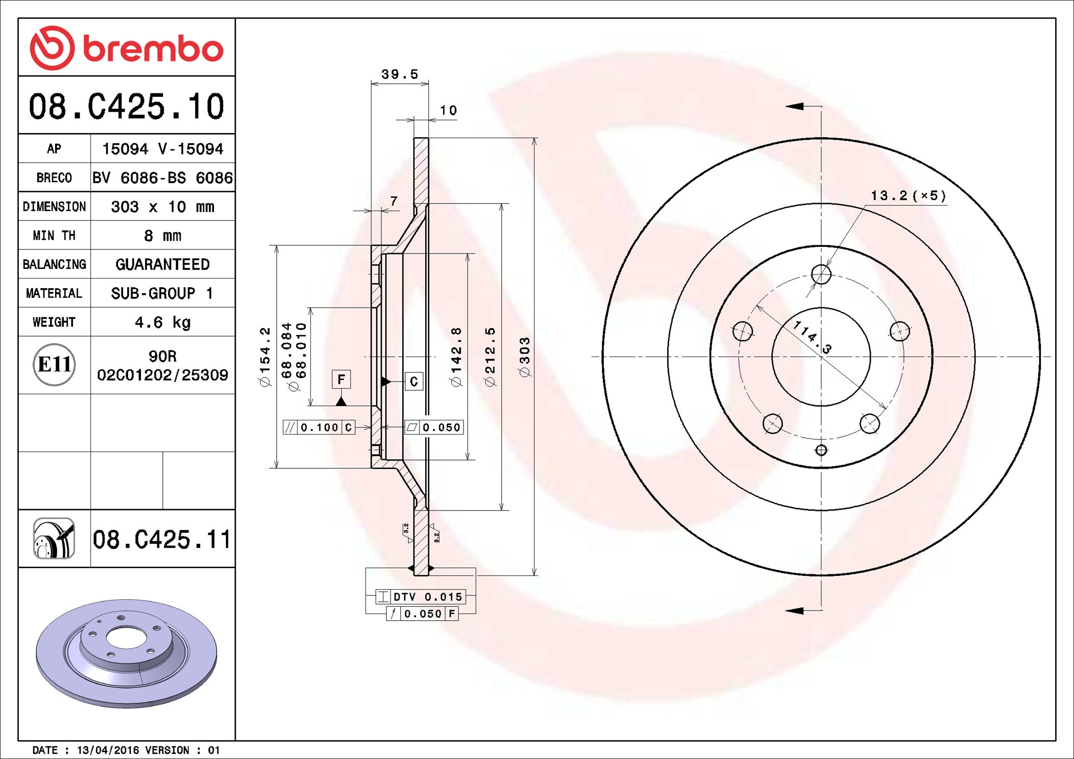 Brake Disc - 08.C425.11 BREMBO