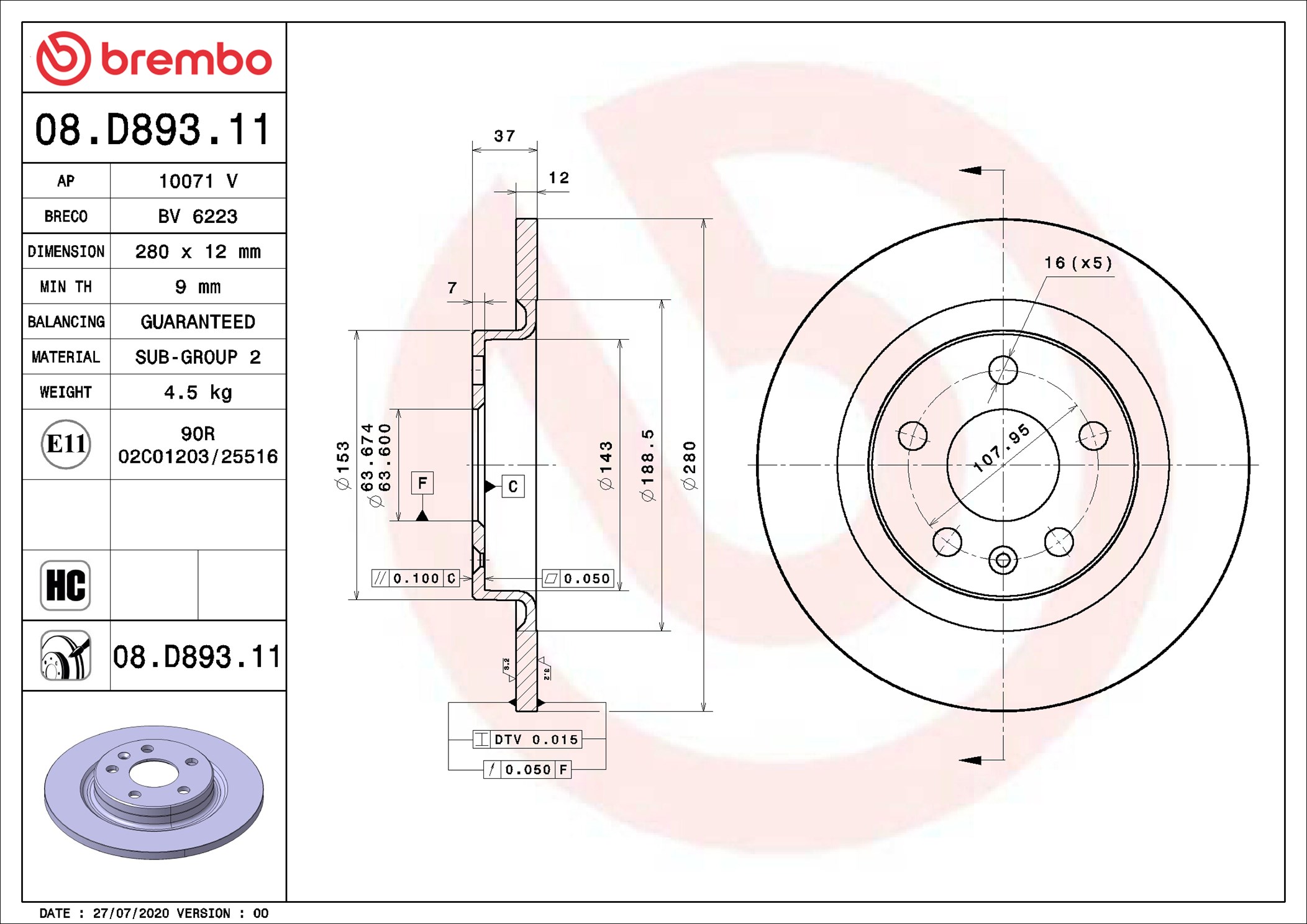 stabdžių diskas - 08.D893.11 BREMBO