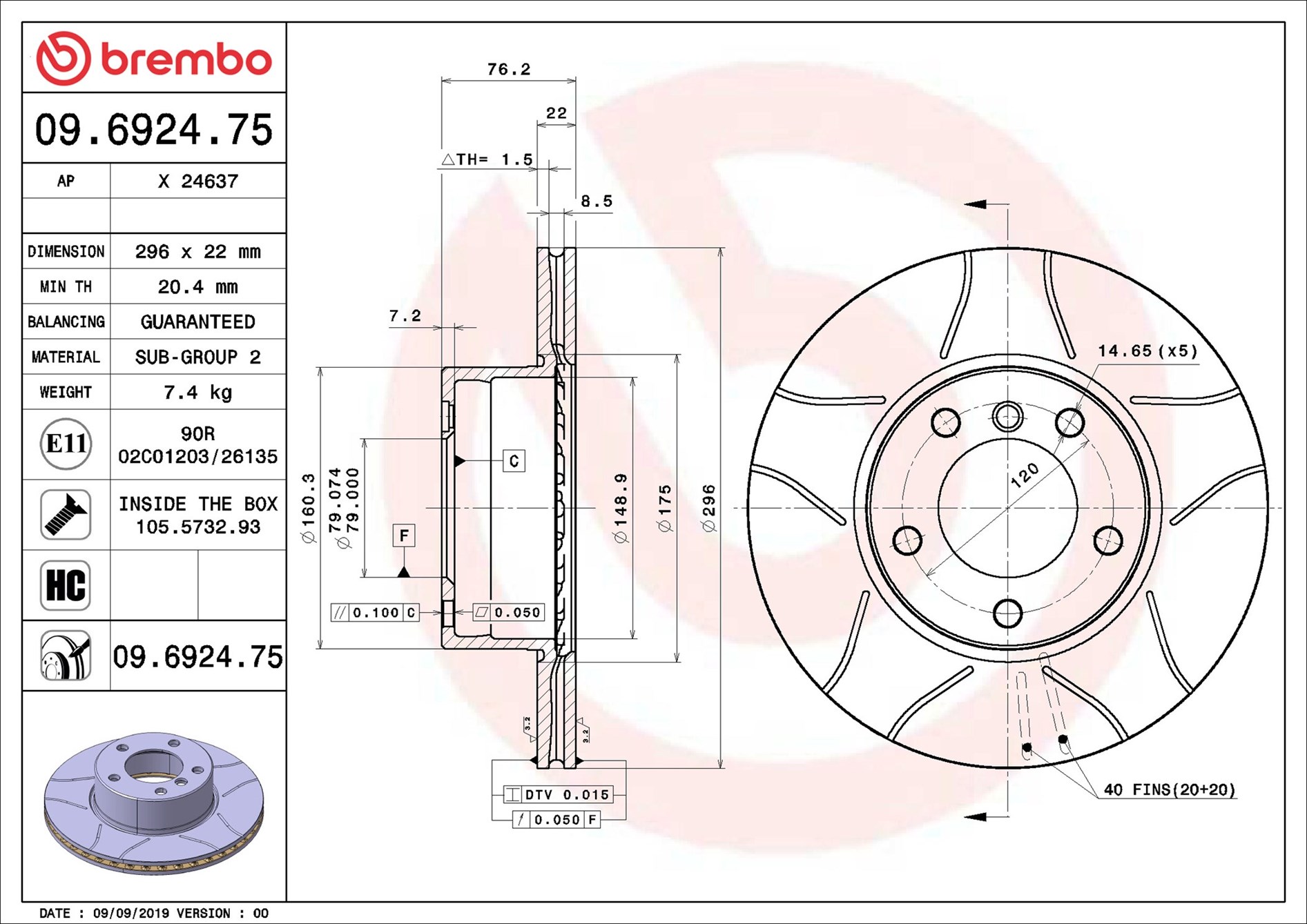 stabdžių diskas - 09.6924.75 BREMBO