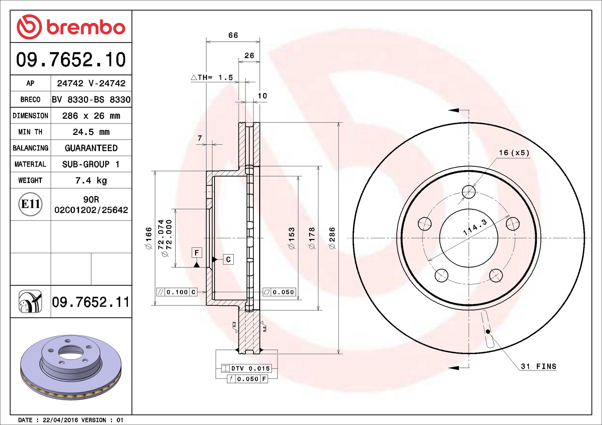 Brake Disc - 09.7652.10 BREMBO