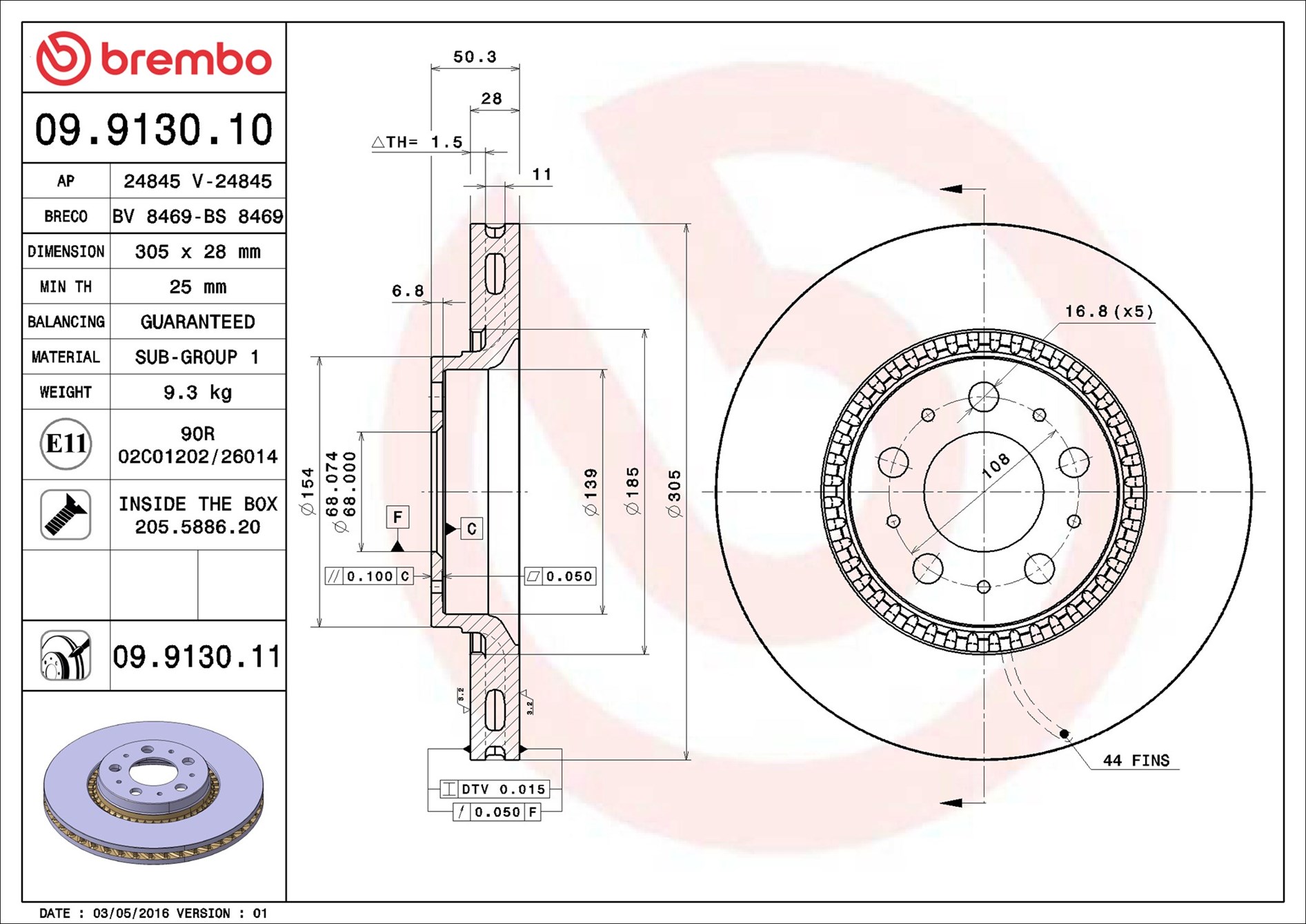 stabdžių diskas - 09.9130.11 BREMBO