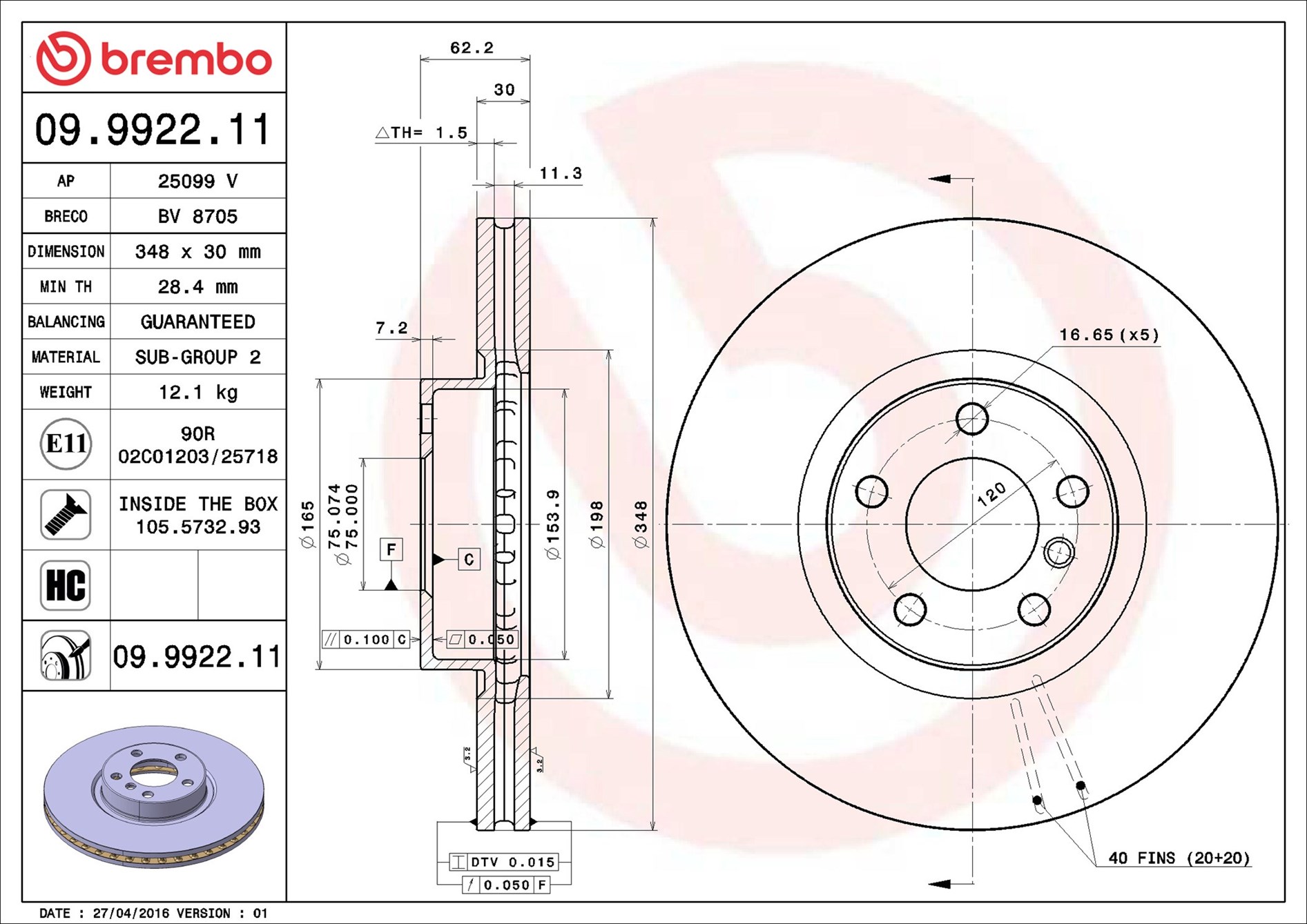 Brake Disc - 09.9922.11 BREMBO