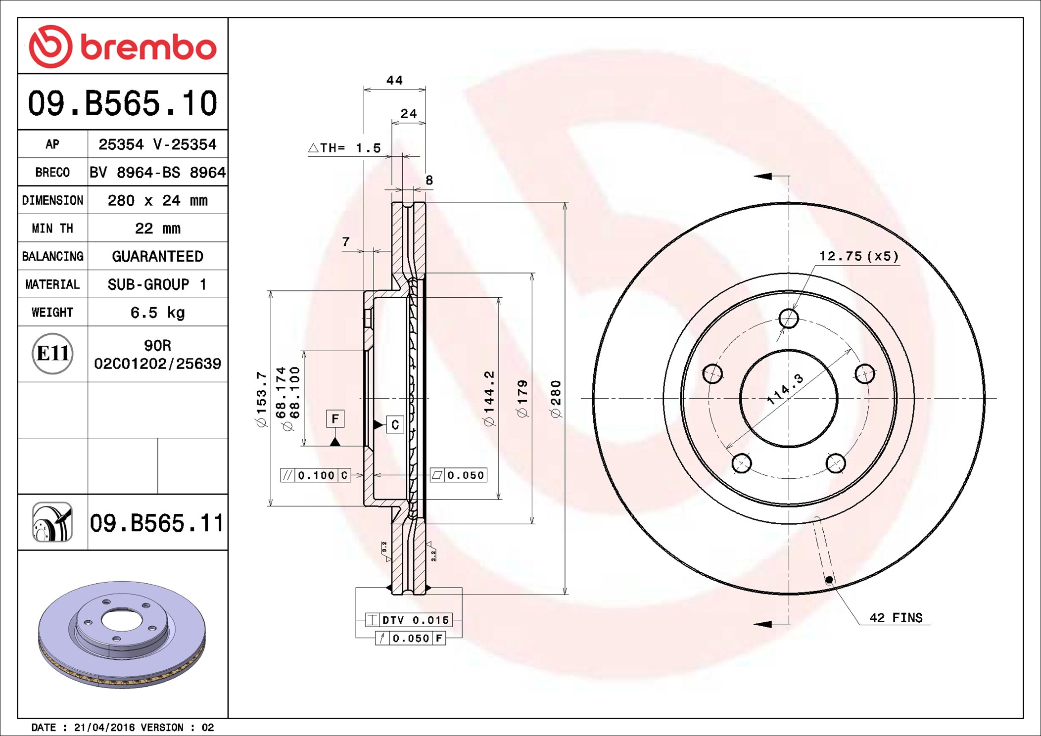 Brake Disc - 09.B565.11 BREMBO