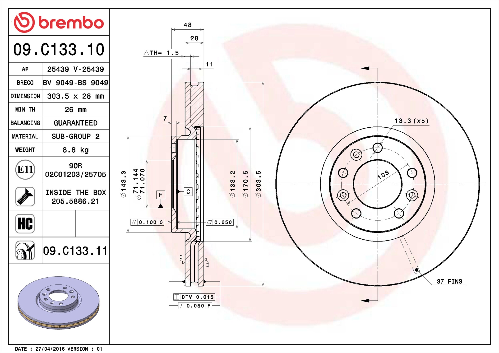 Brake Disc - 09.C133.11 BREMBO