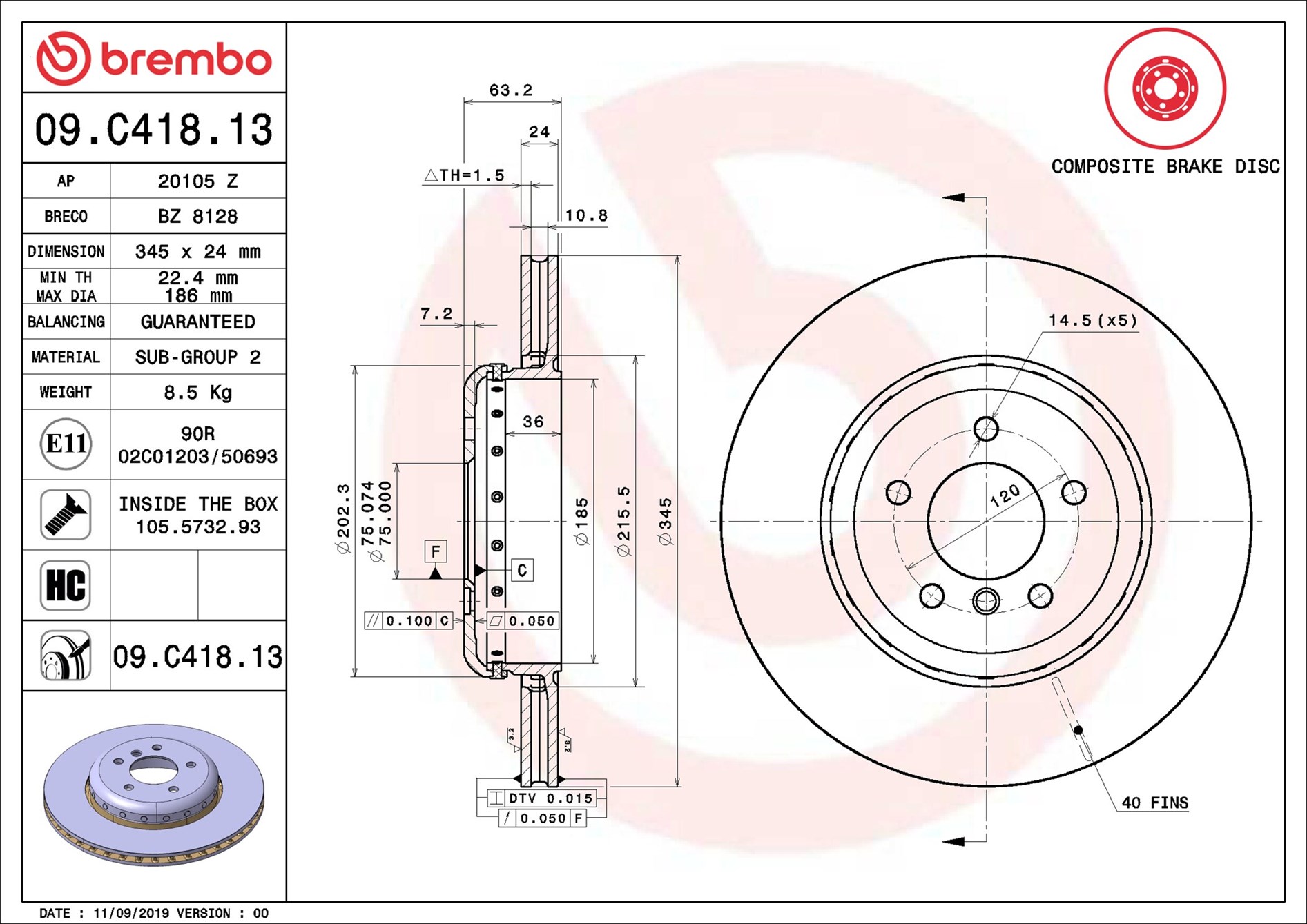 Brake Disc - 09.C418.13 BREMBO