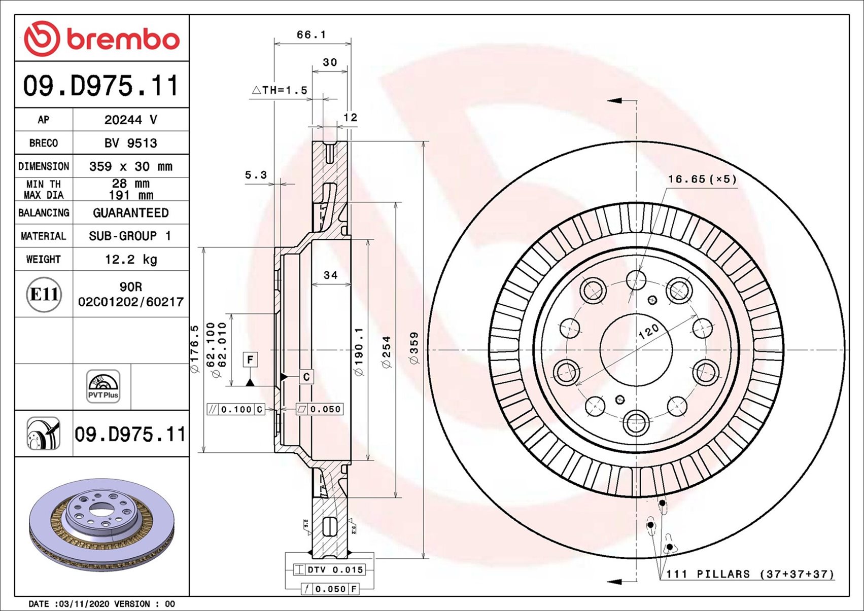 stabdžių diskas - 09.D975.11 BREMBO