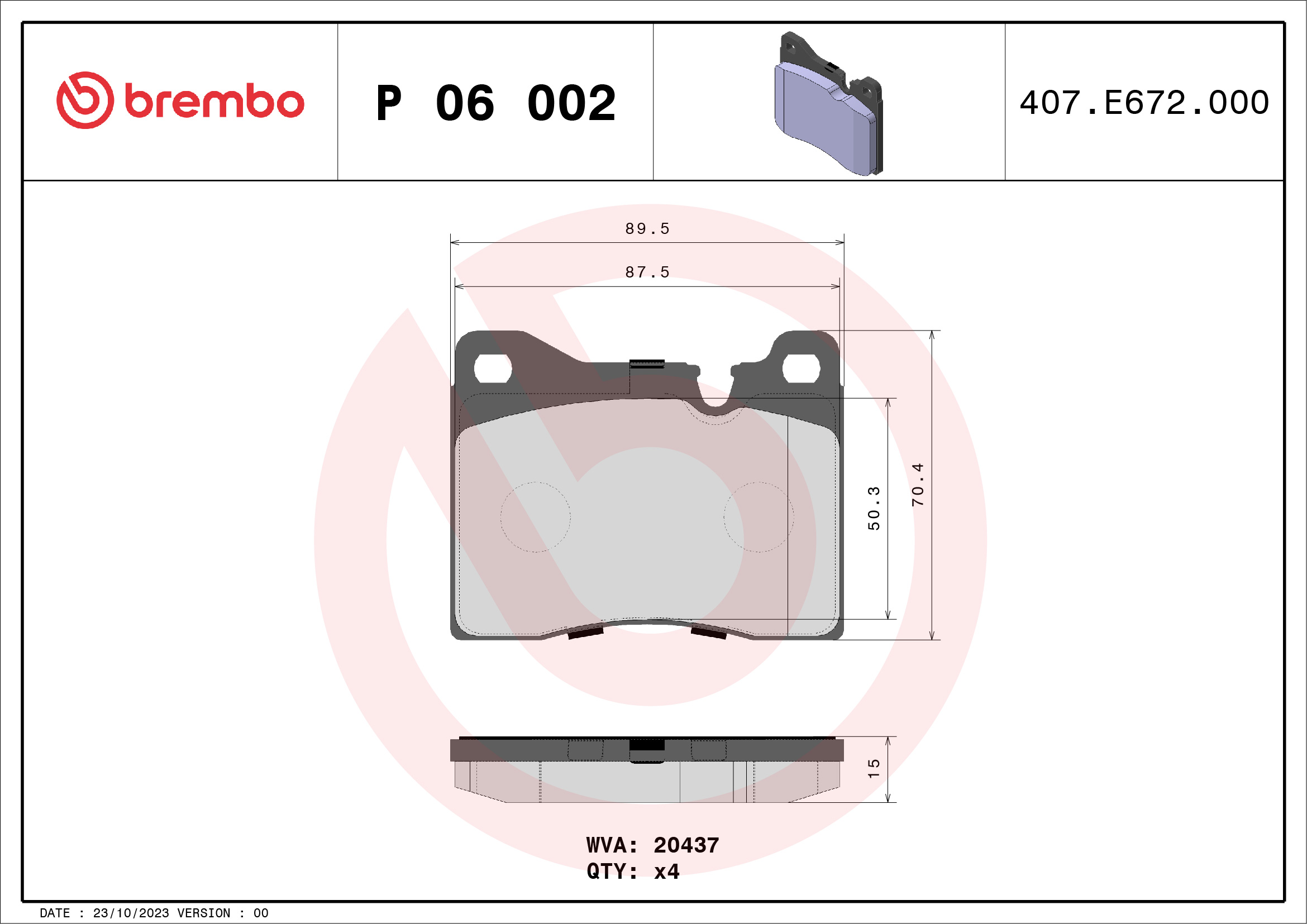 Brake Pad Set, disc brake - P 06 002 BREMBO
