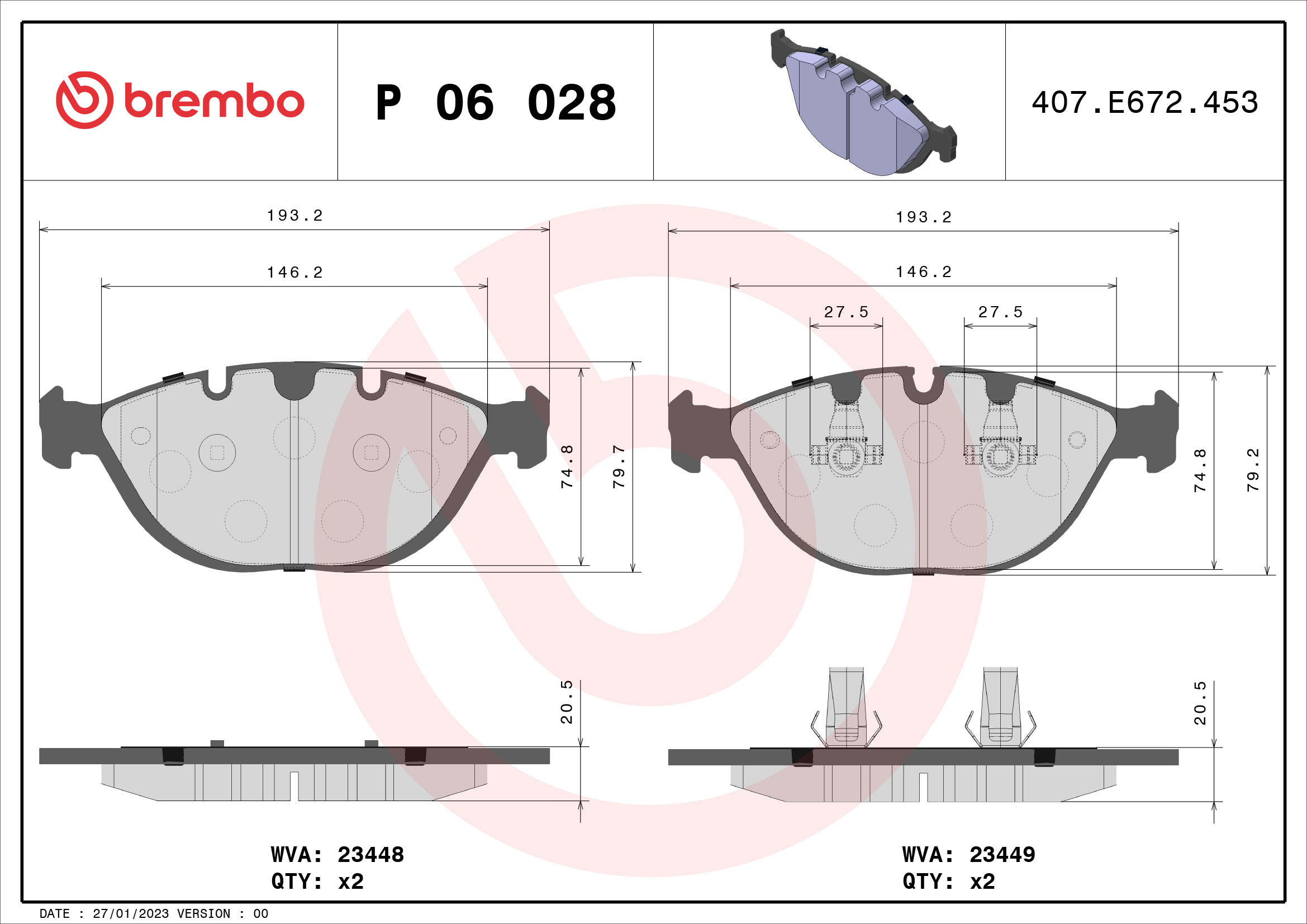 Комплект тормозных колодок, дисковый тормоз - P 06 028 BREMBO