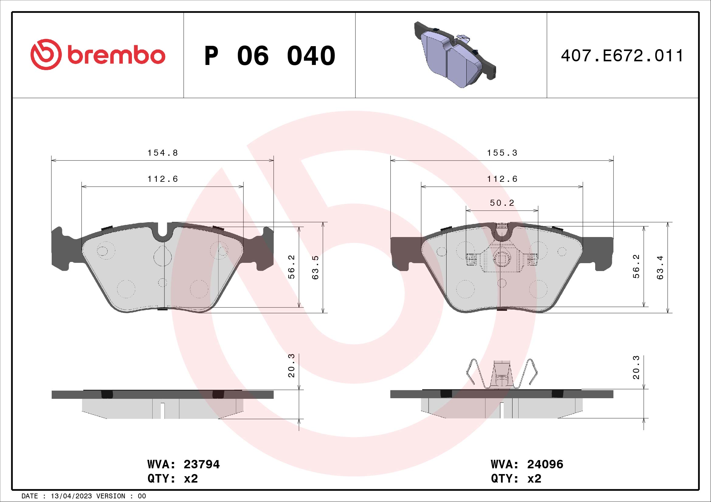 stabdžių trinkelių rinkinys, diskinis stabdys - P 06 040 BREMBO