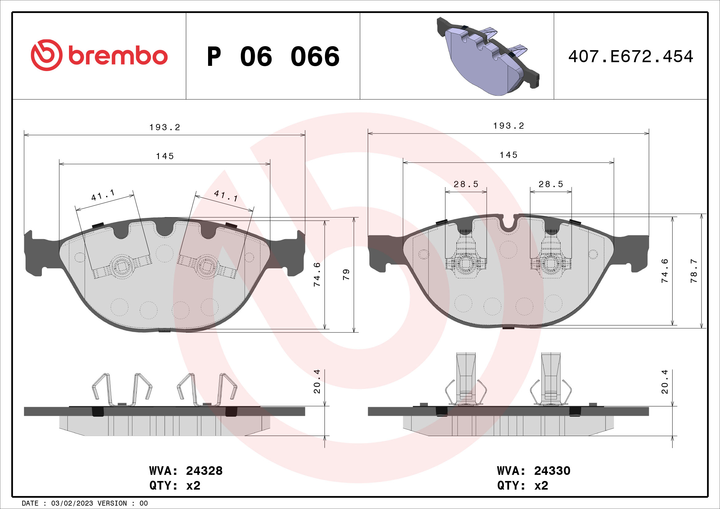 stabdžių trinkelių rinkinys, diskinis stabdys - P 06 066 BREMBO