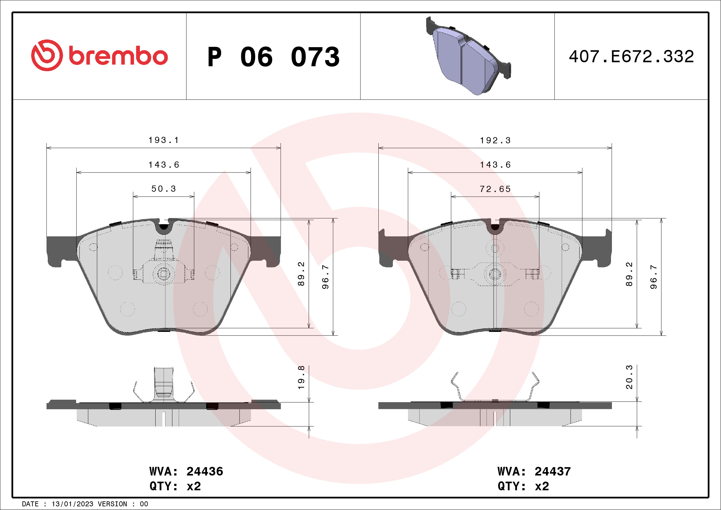 Комплект тормозных колодок, дисковый тормоз - P 06 073 BREMBO