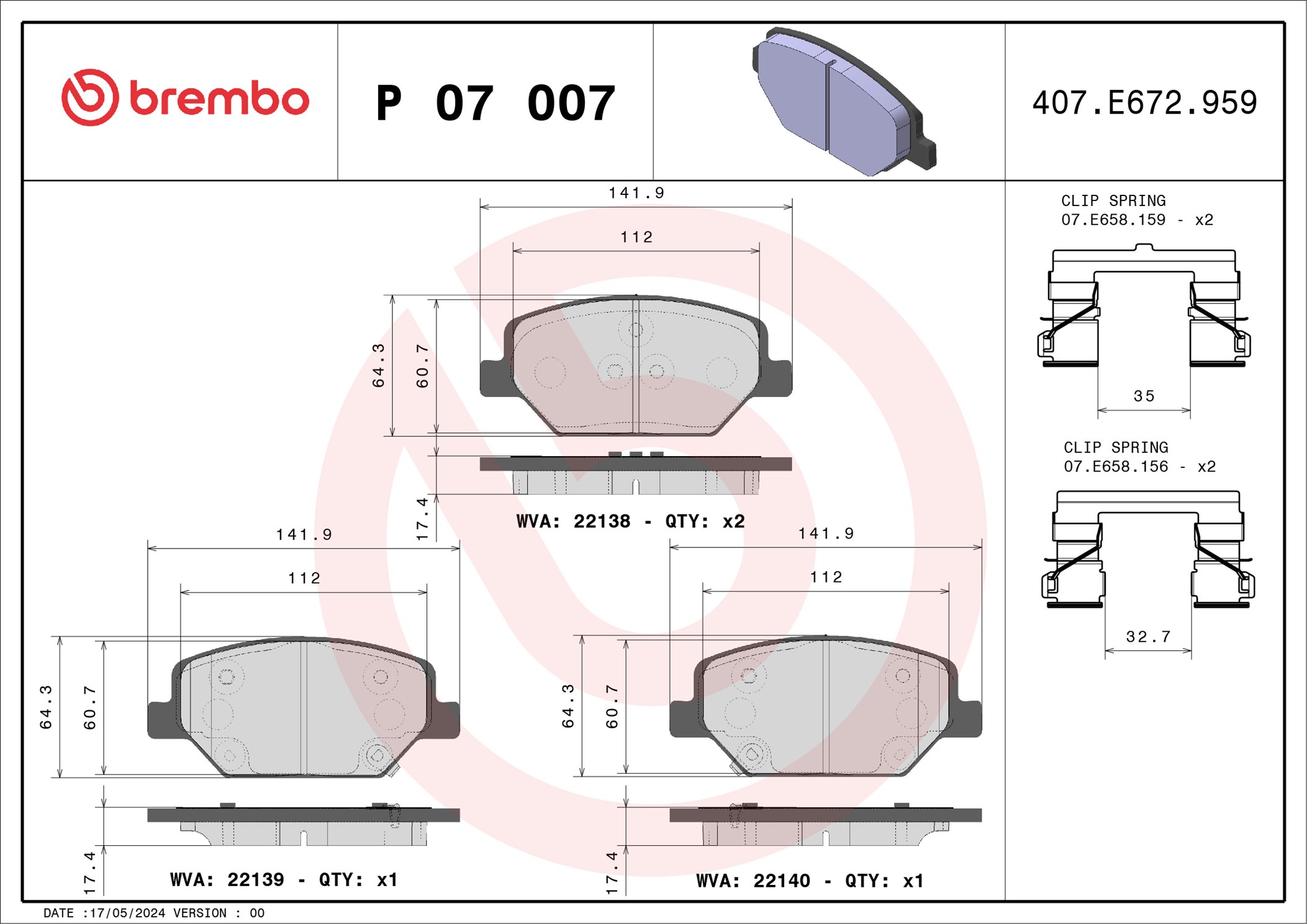 Kit pastiglie freno, Freno a disco - P 07 007 BREMBO