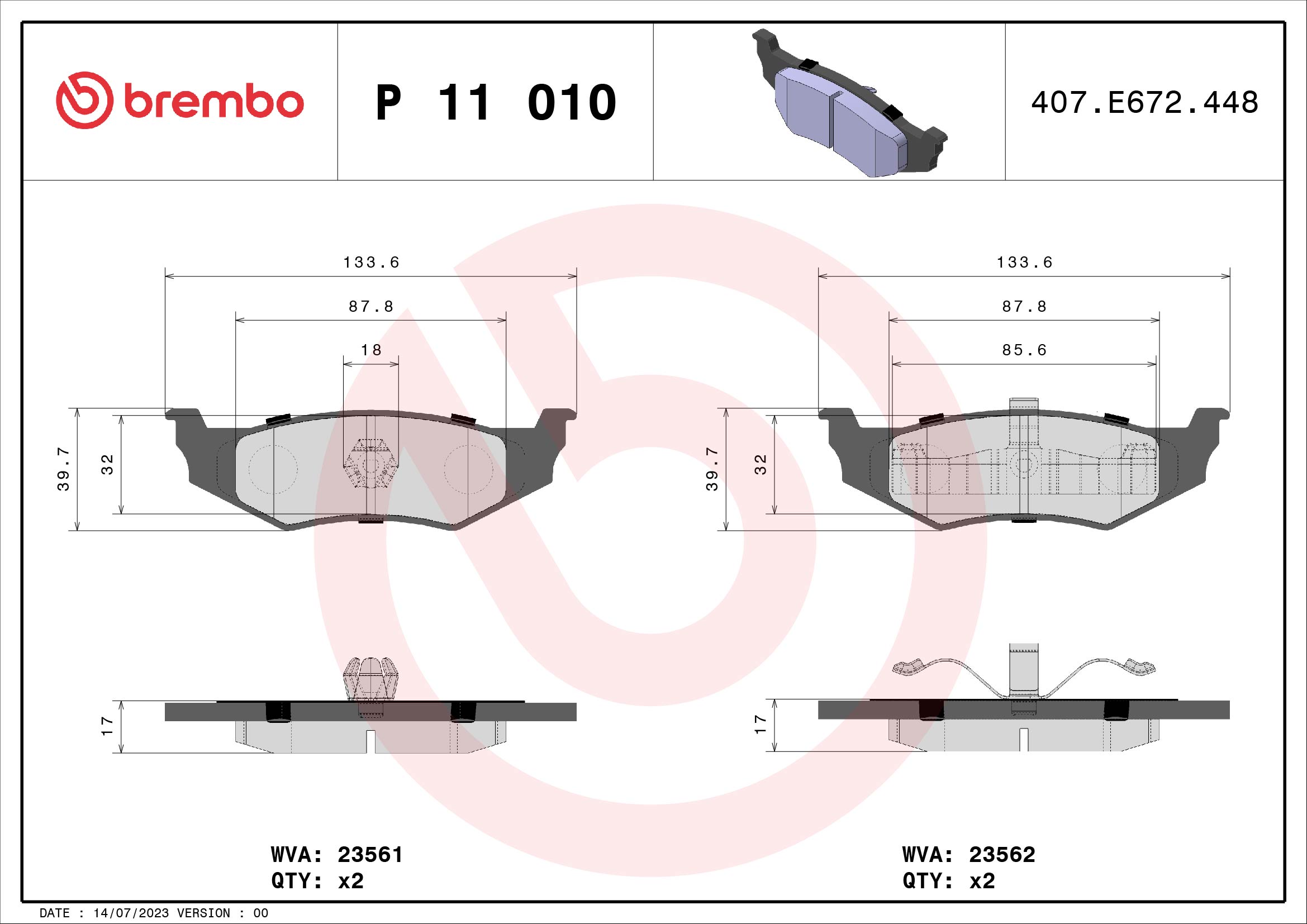 stabdžių trinkelių rinkinys, diskinis stabdys - P 11 010 BREMBO