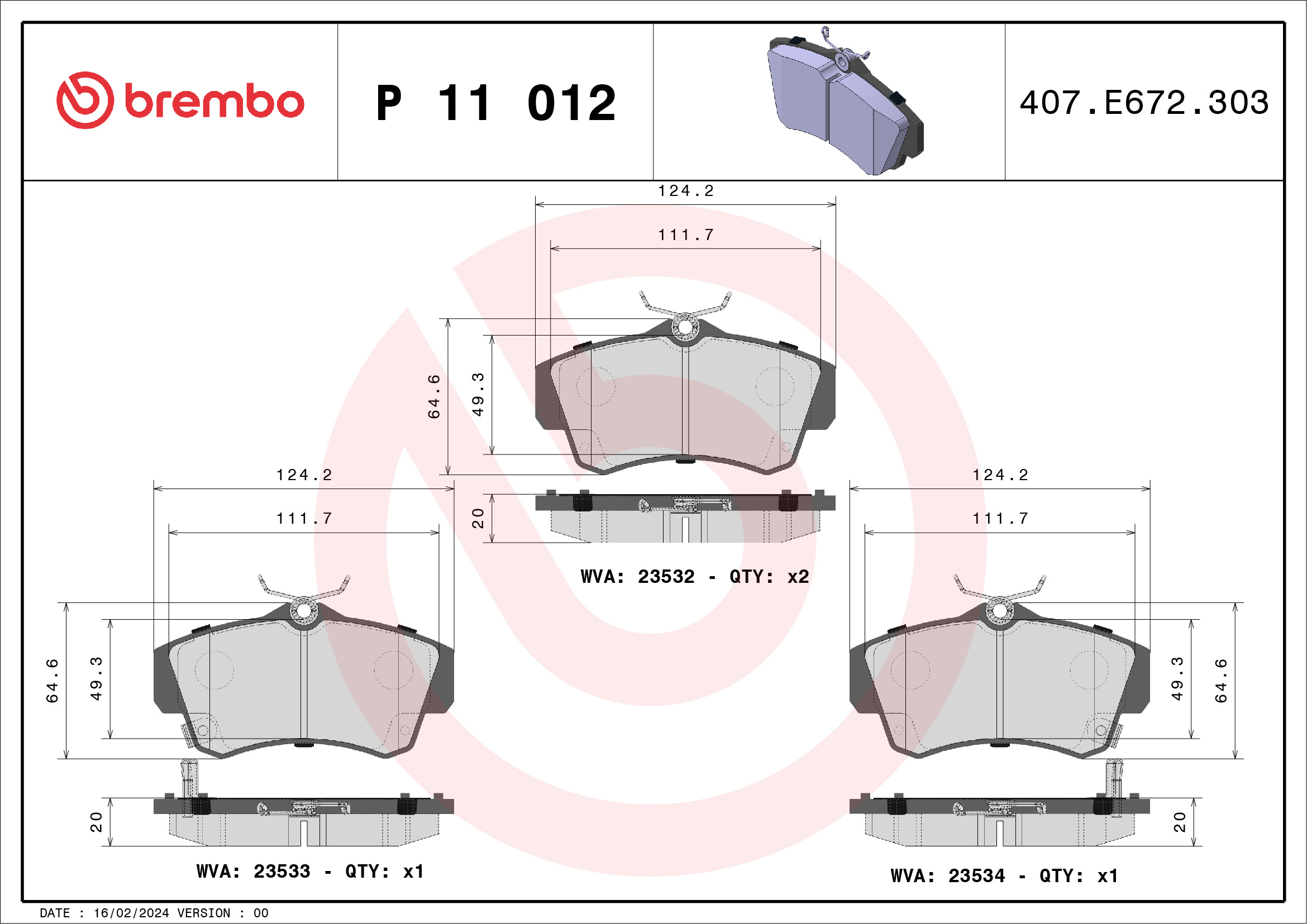 Brake Pad Set, disc brake - P 11 012 BREMBO