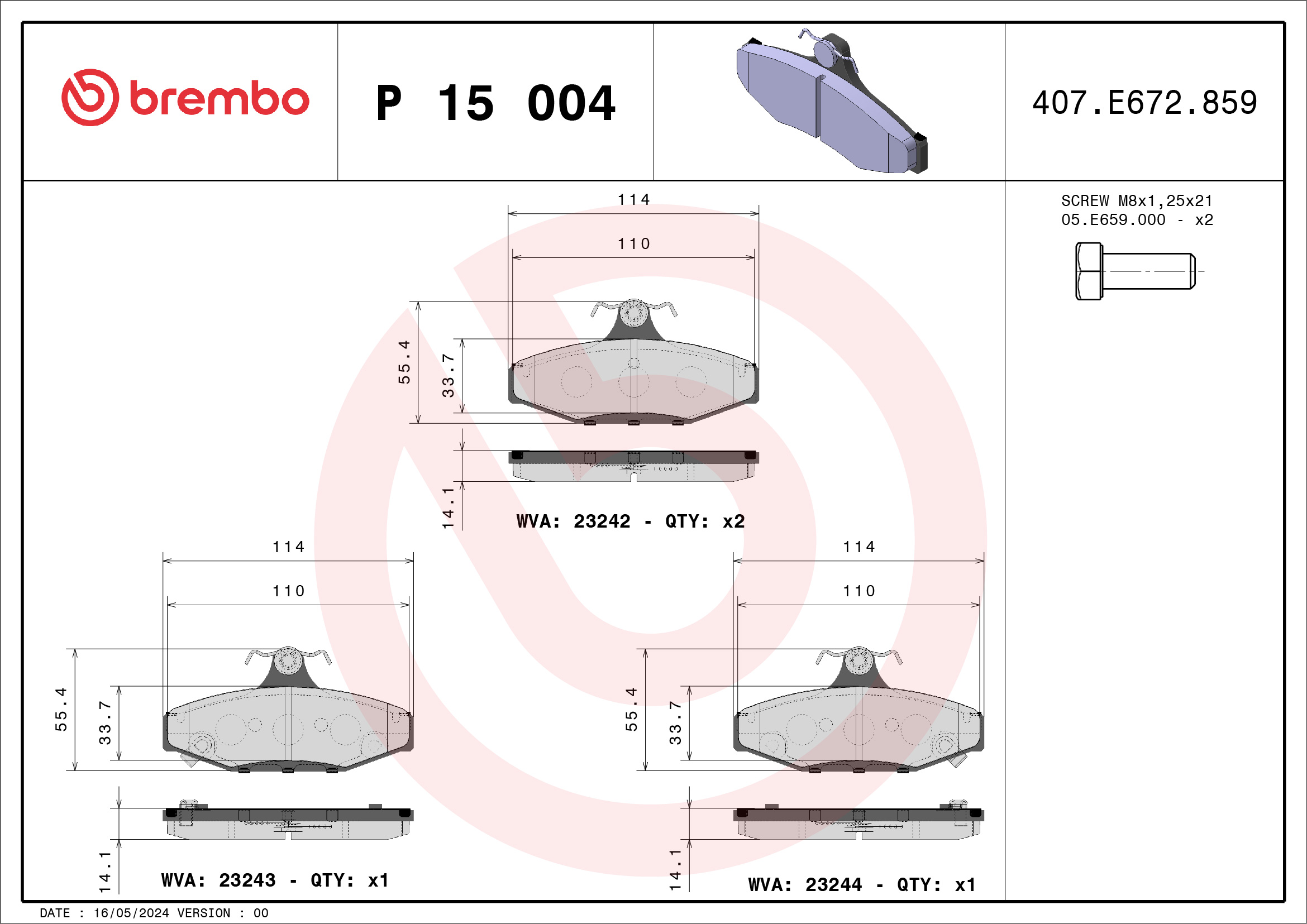 Brake Pad Set, disc brake - P 15 004 BREMBO