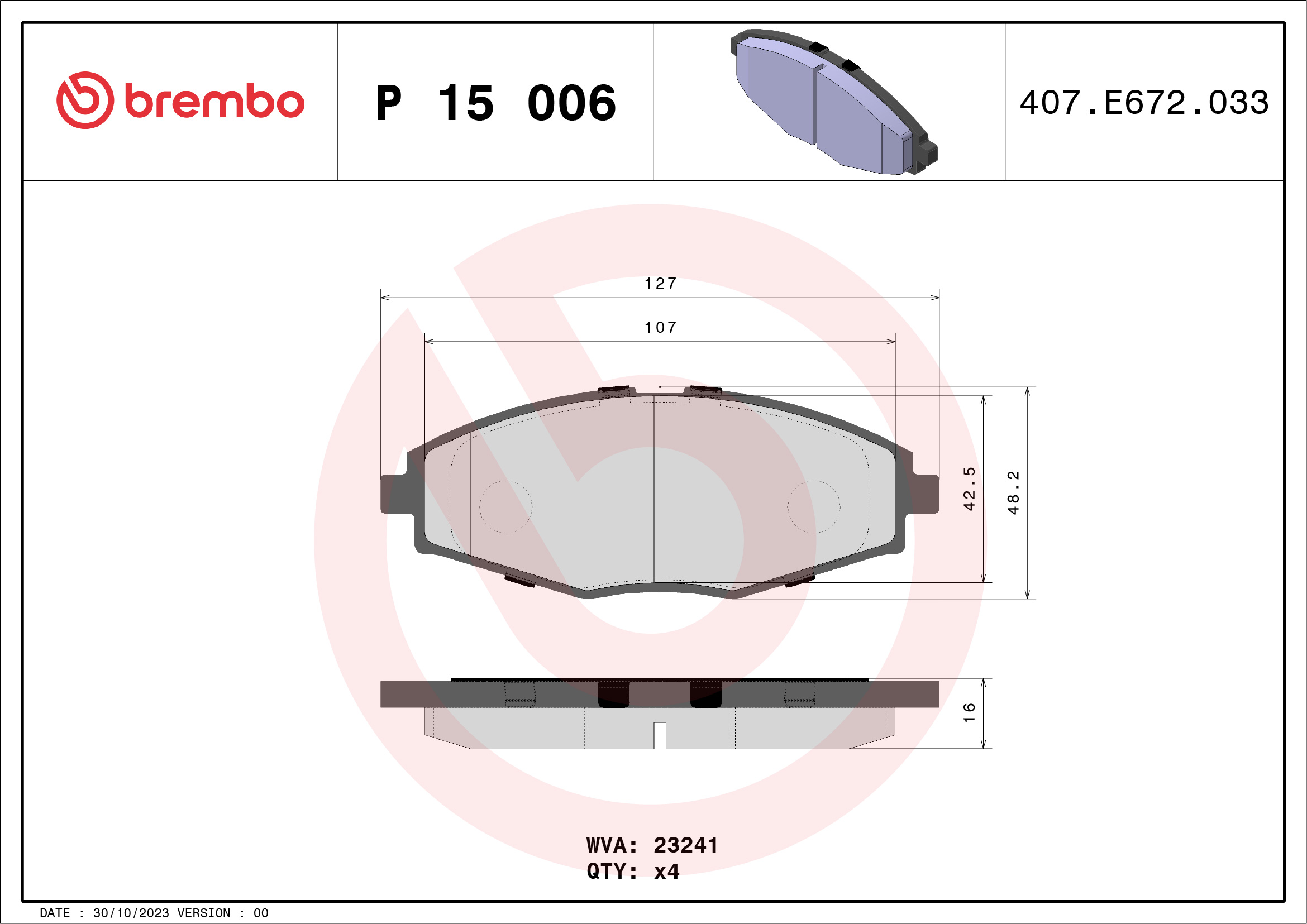 Brake Pad Set, disc brake - P 15 006 BREMBO