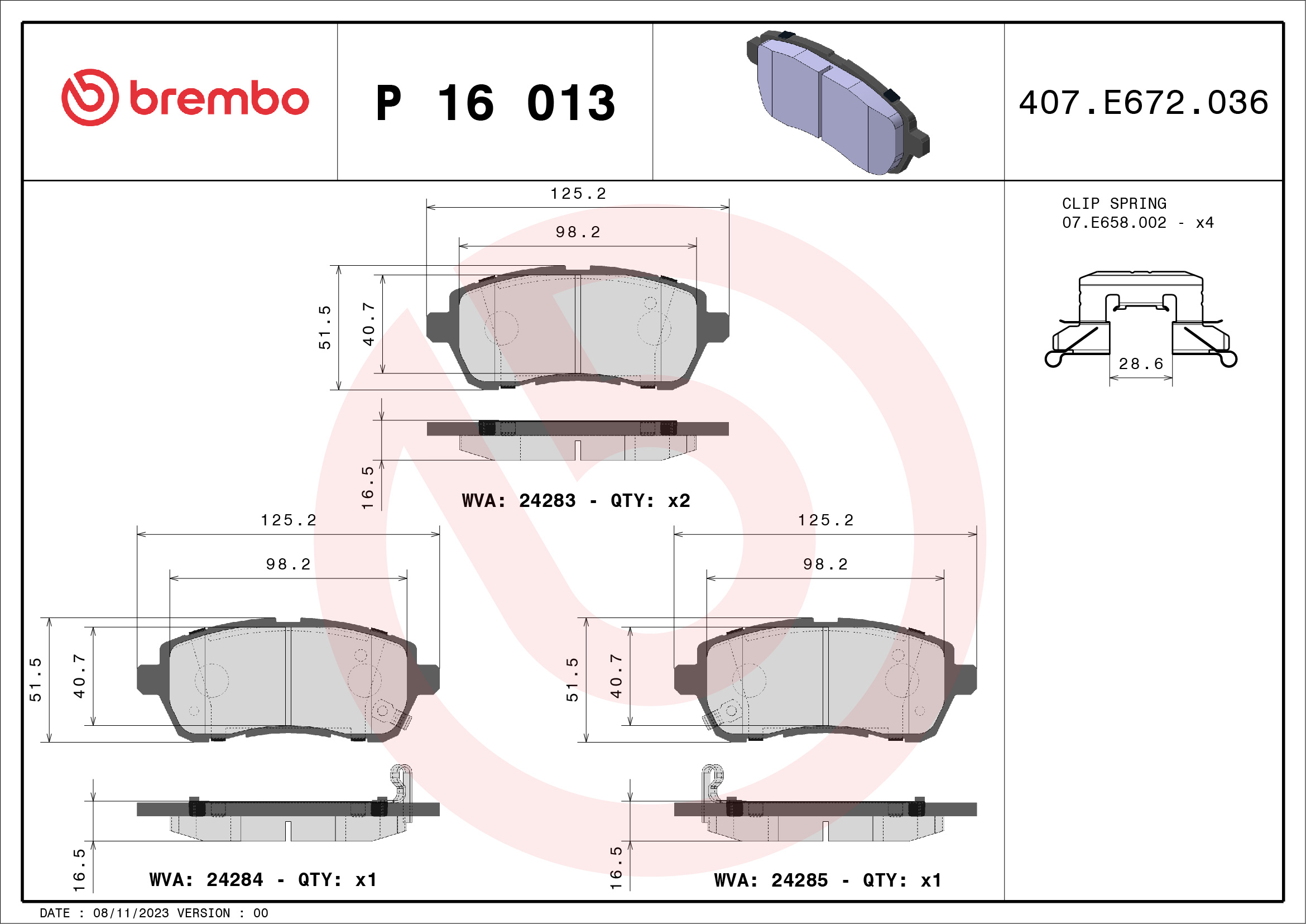 Комплект тормозных колодок, дисковый тормоз - P 16 013 BREMBO