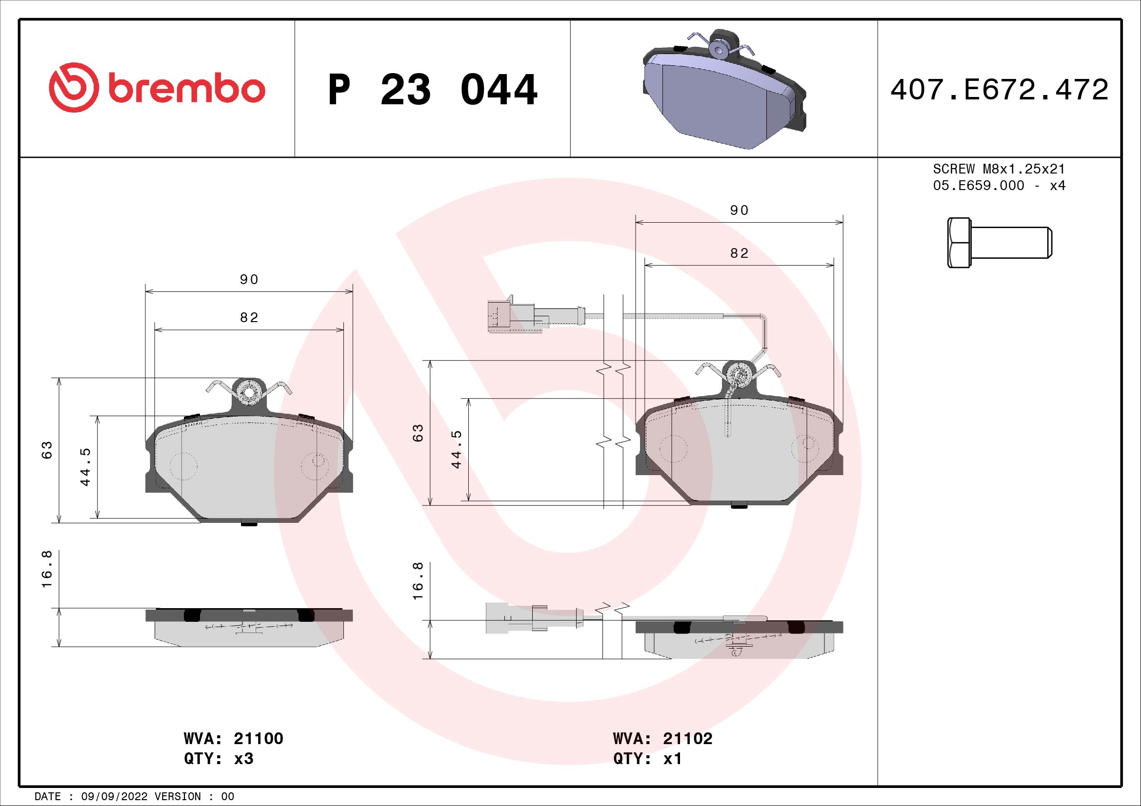 Kit pastiglie freno, Freno a disco - P 23 044 BREMBO