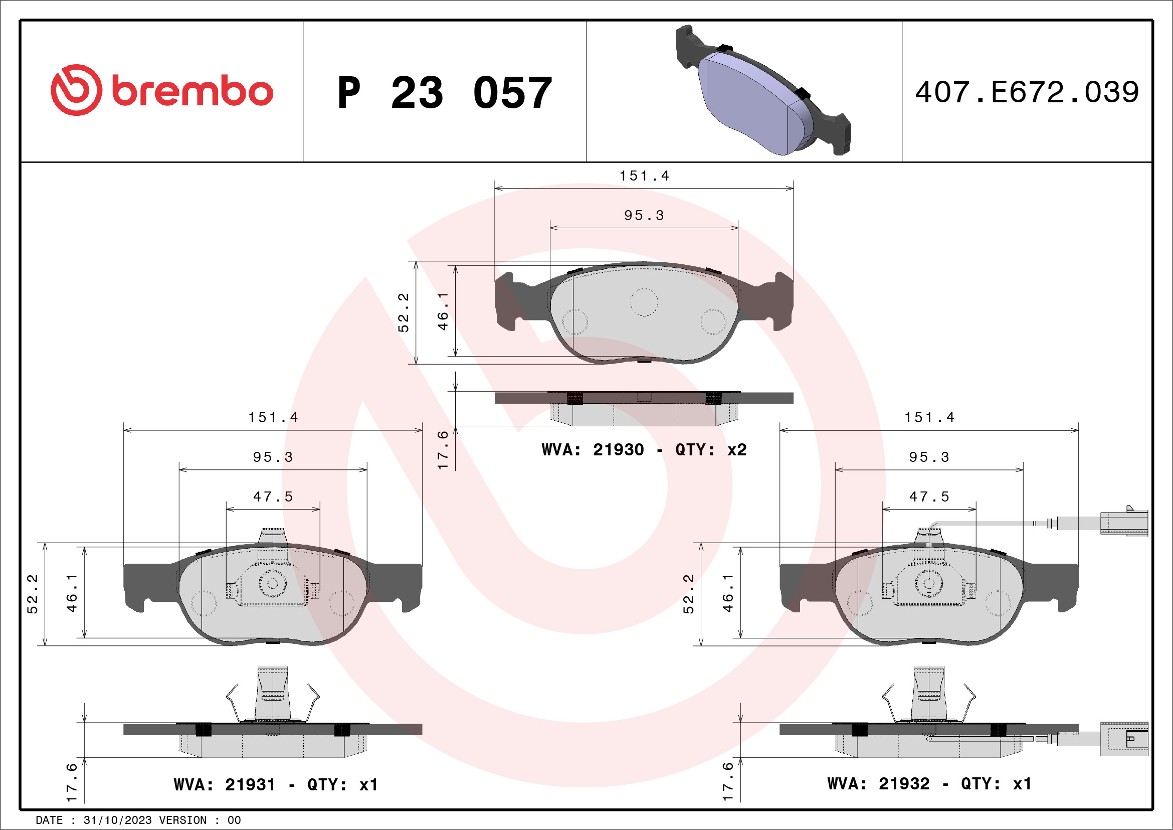 Brake Pad Set, disc brake - P 23 057 BREMBO