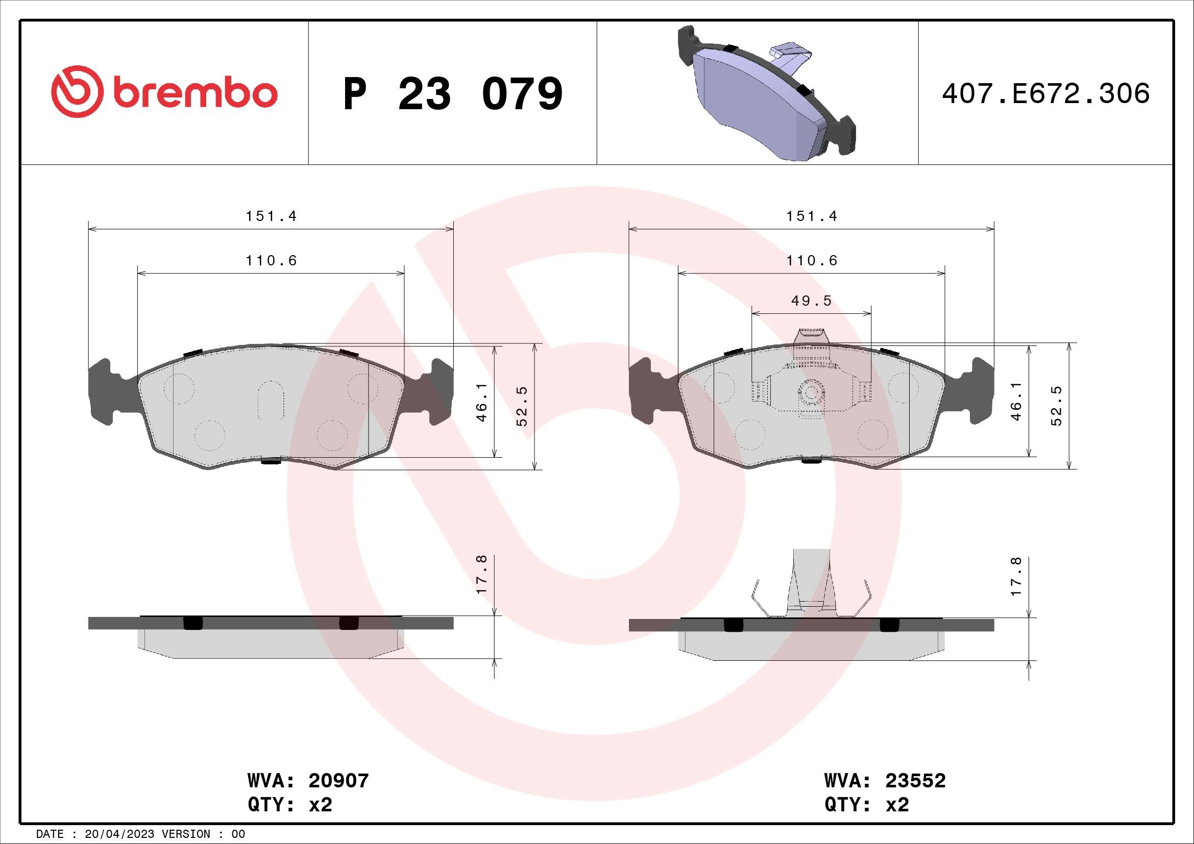 stabdžių trinkelių rinkinys, diskinis stabdys - P 23 079 BREMBO