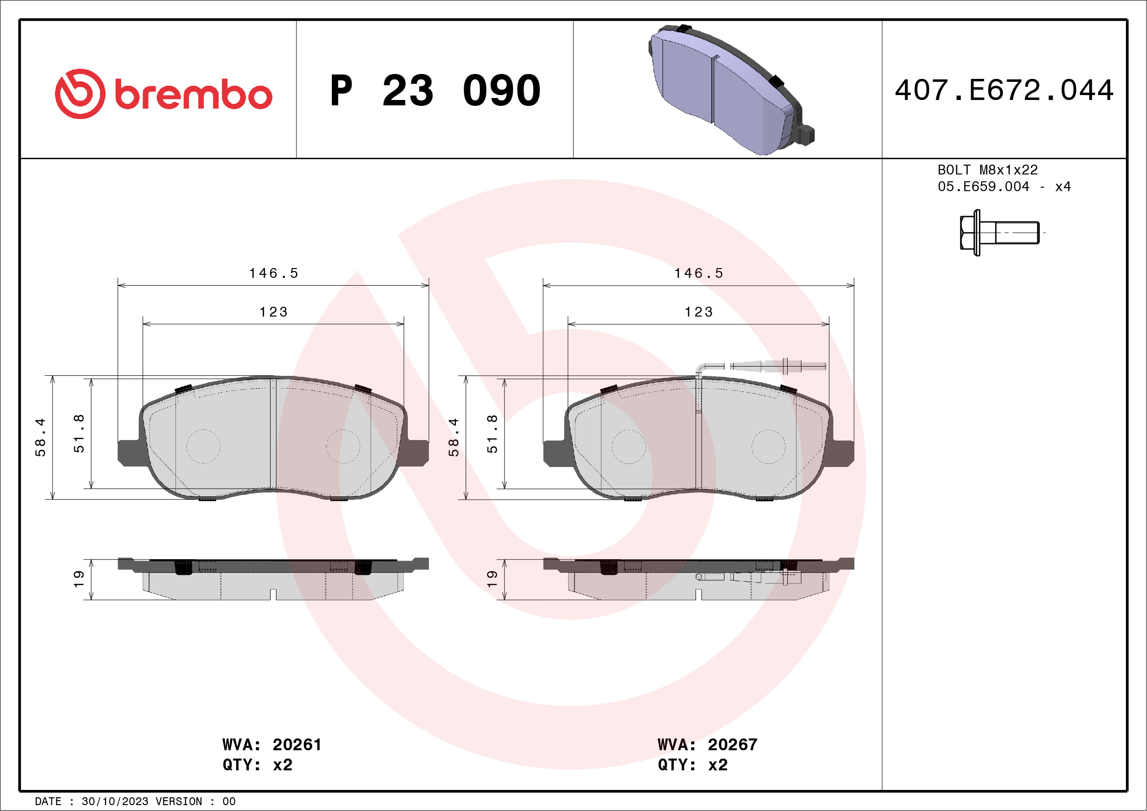 Brake Pad Set, disc brake - P 23 090 BREMBO