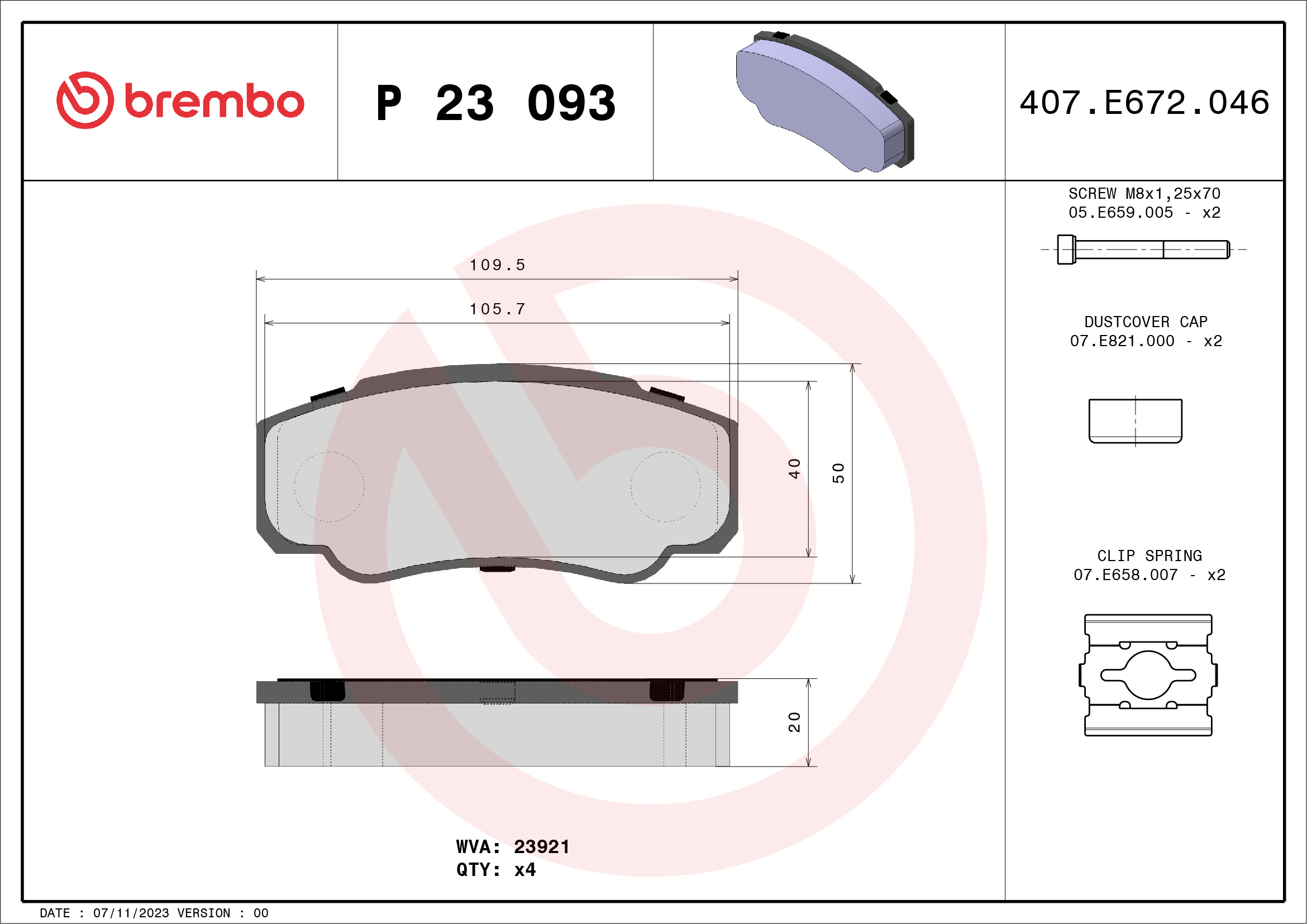 stabdžių trinkelių rinkinys, diskinis stabdys - P 23 093 BREMBO