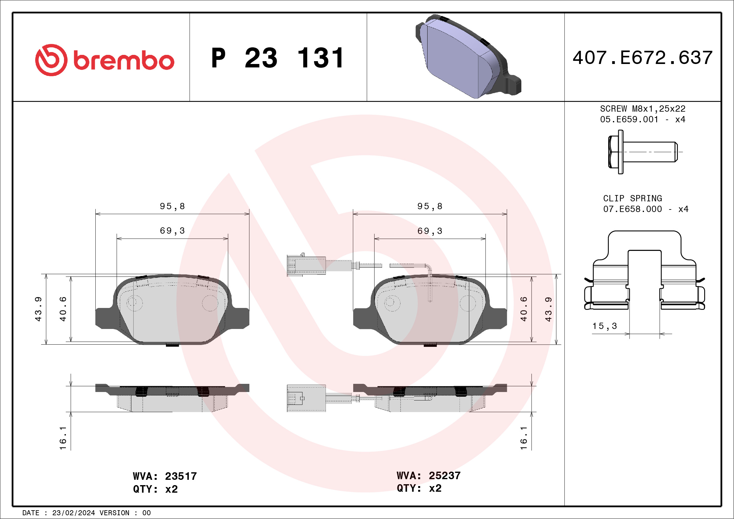 stabdžių trinkelių rinkinys, diskinis stabdys - P 23 131 BREMBO
