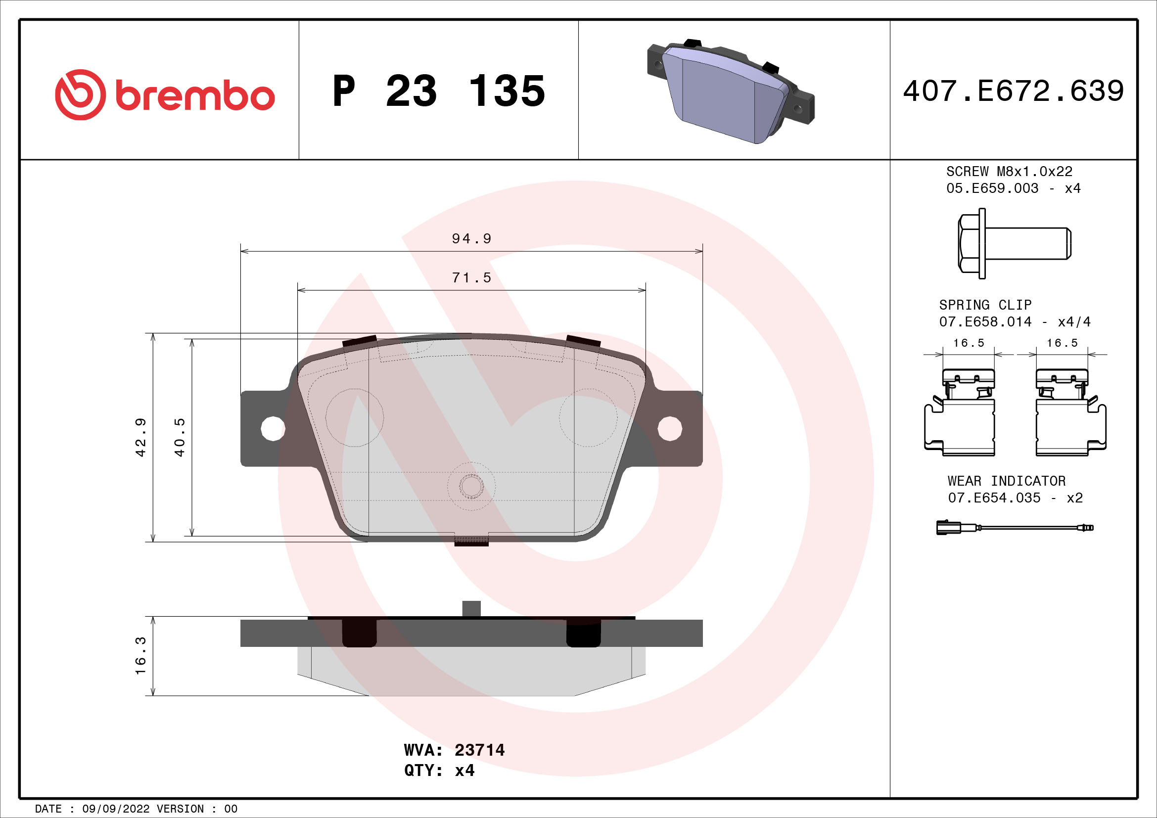 Комплект тормозных колодок, дисковый тормоз - P 23 135 BREMBO