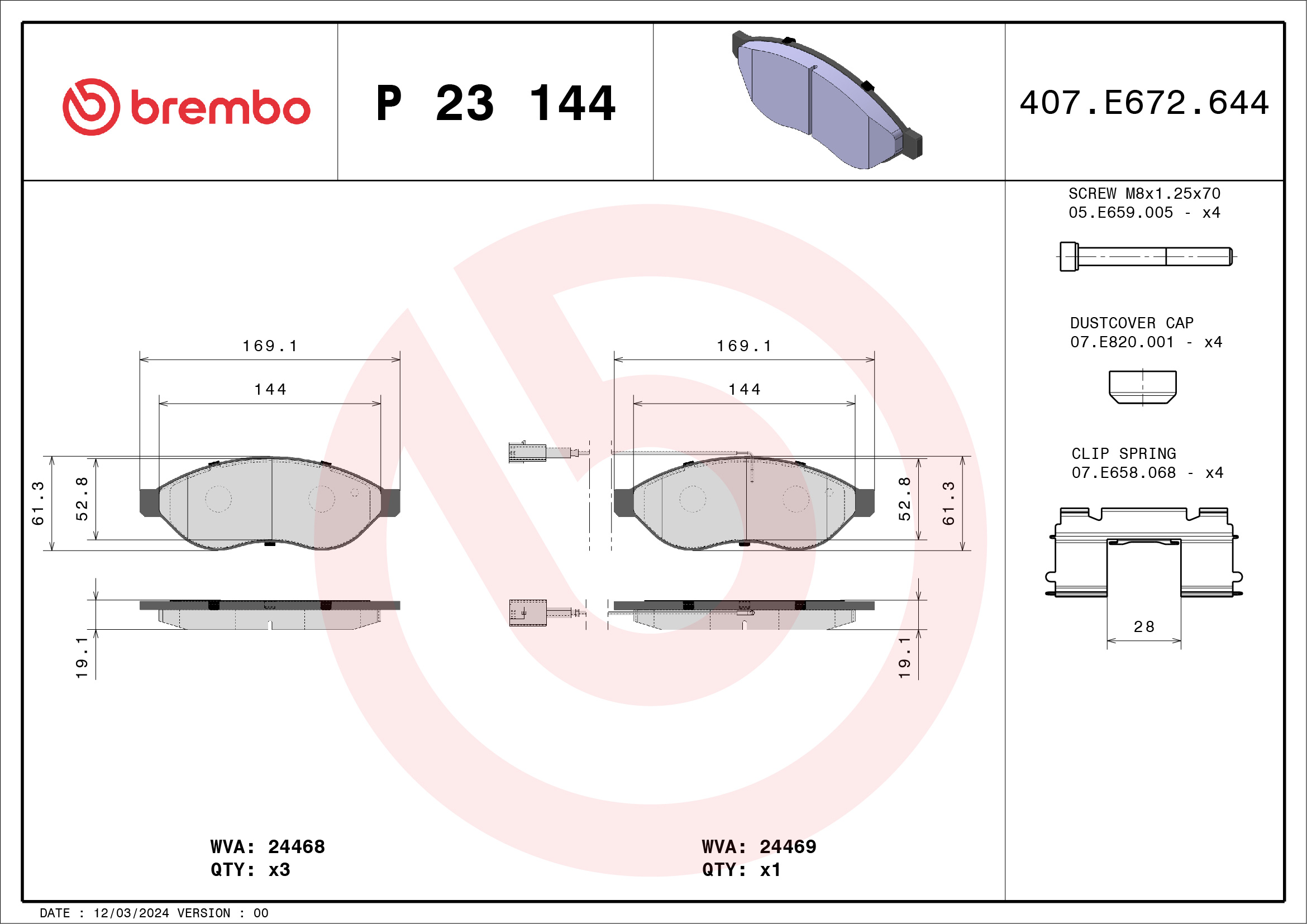 Brake Pad Set, disc brake - P 23 144 BREMBO