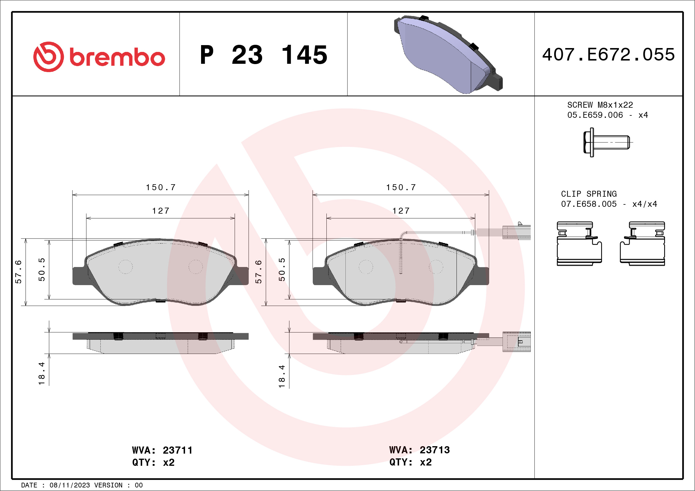 Brake Pad Set, disc brake - P 23 145 BREMBO