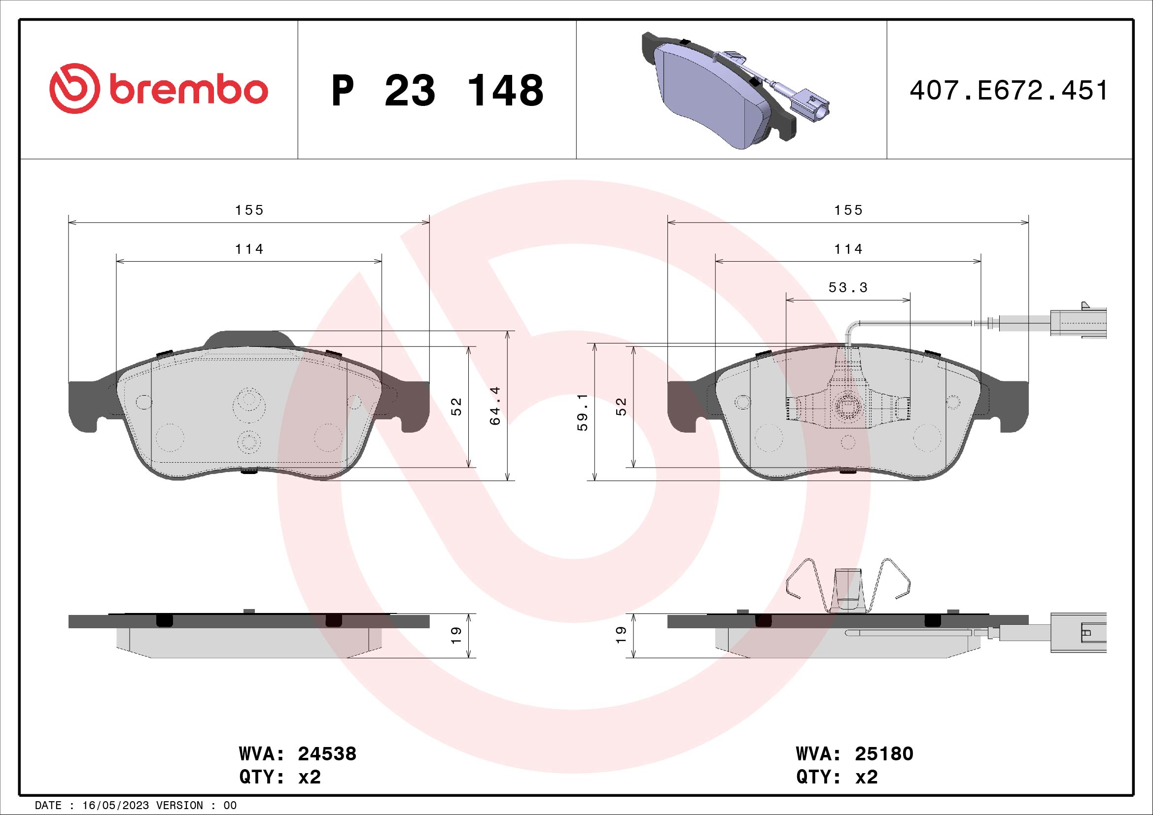 Brake Pad Set, disc brake - P 23 148 BREMBO