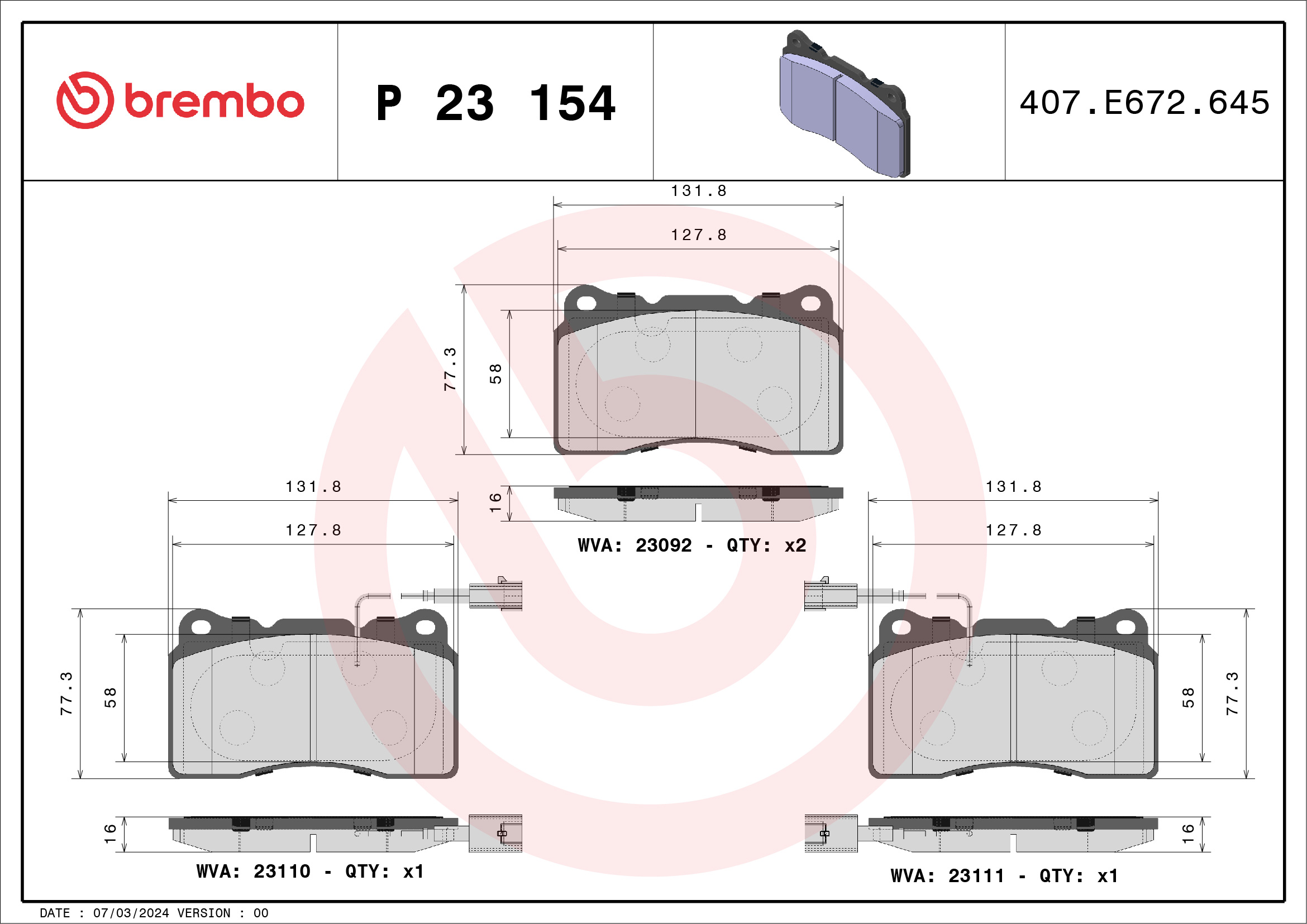 Kit pastiglie freno, Freno a disco - P 23 154 BREMBO