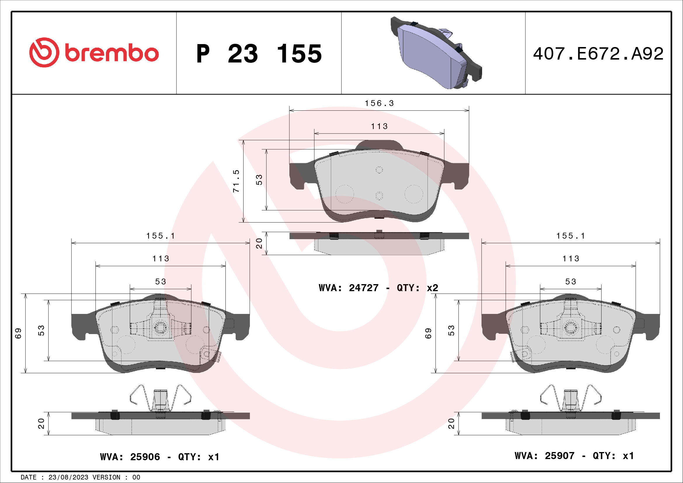 Kit pastiglie freno, Freno a disco - P 23 155 BREMBO