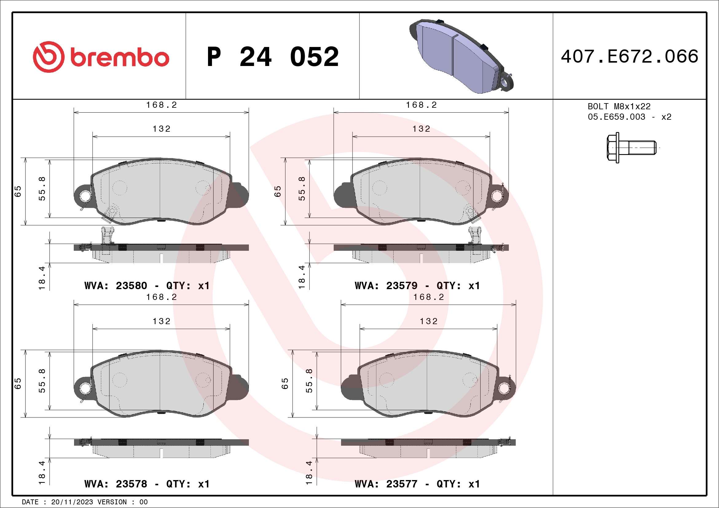 Brake Pad Set, disc brake - P 24 052 BREMBO