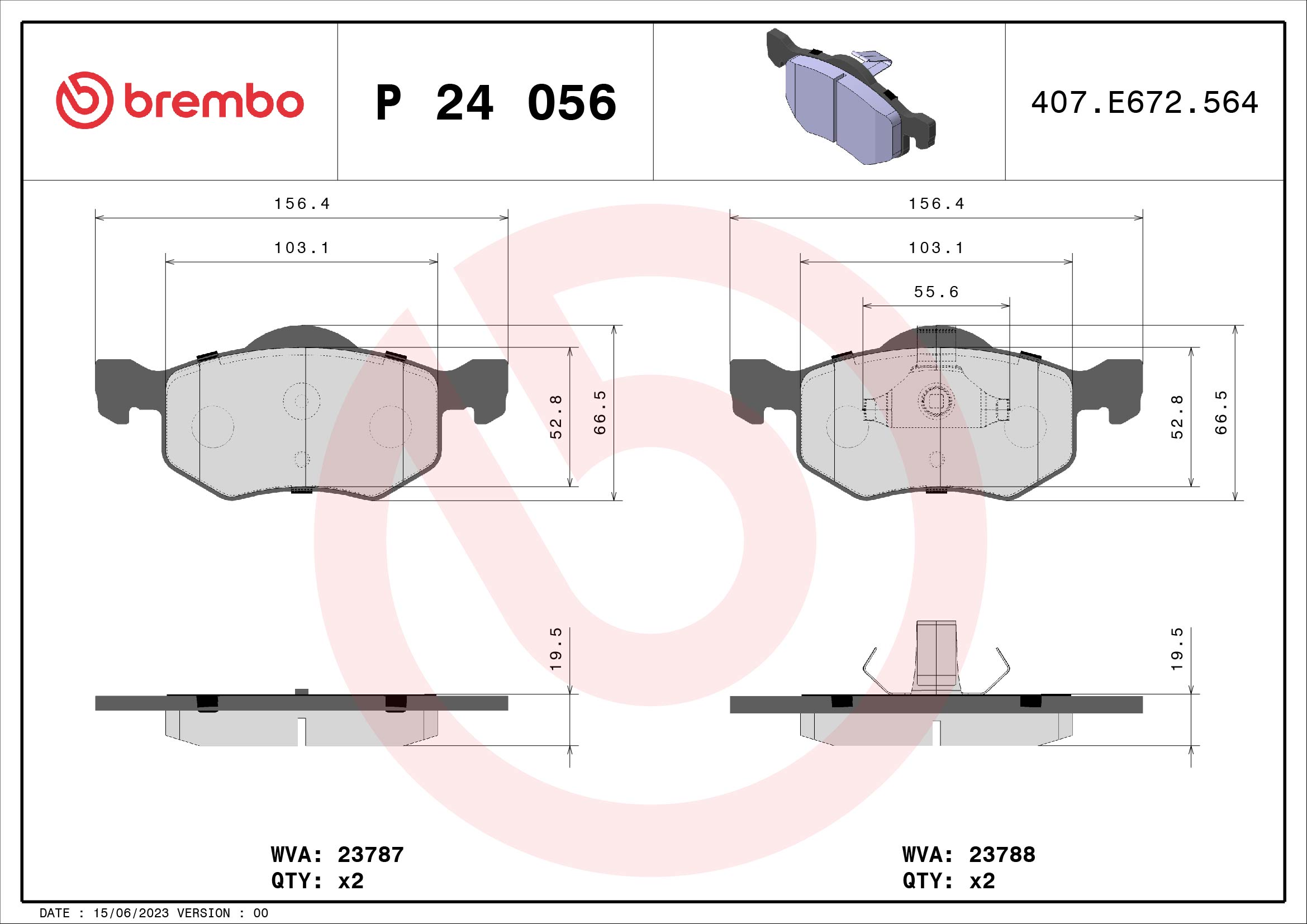 Комплект тормозных колодок, дисковый тормоз - P 24 056 BREMBO