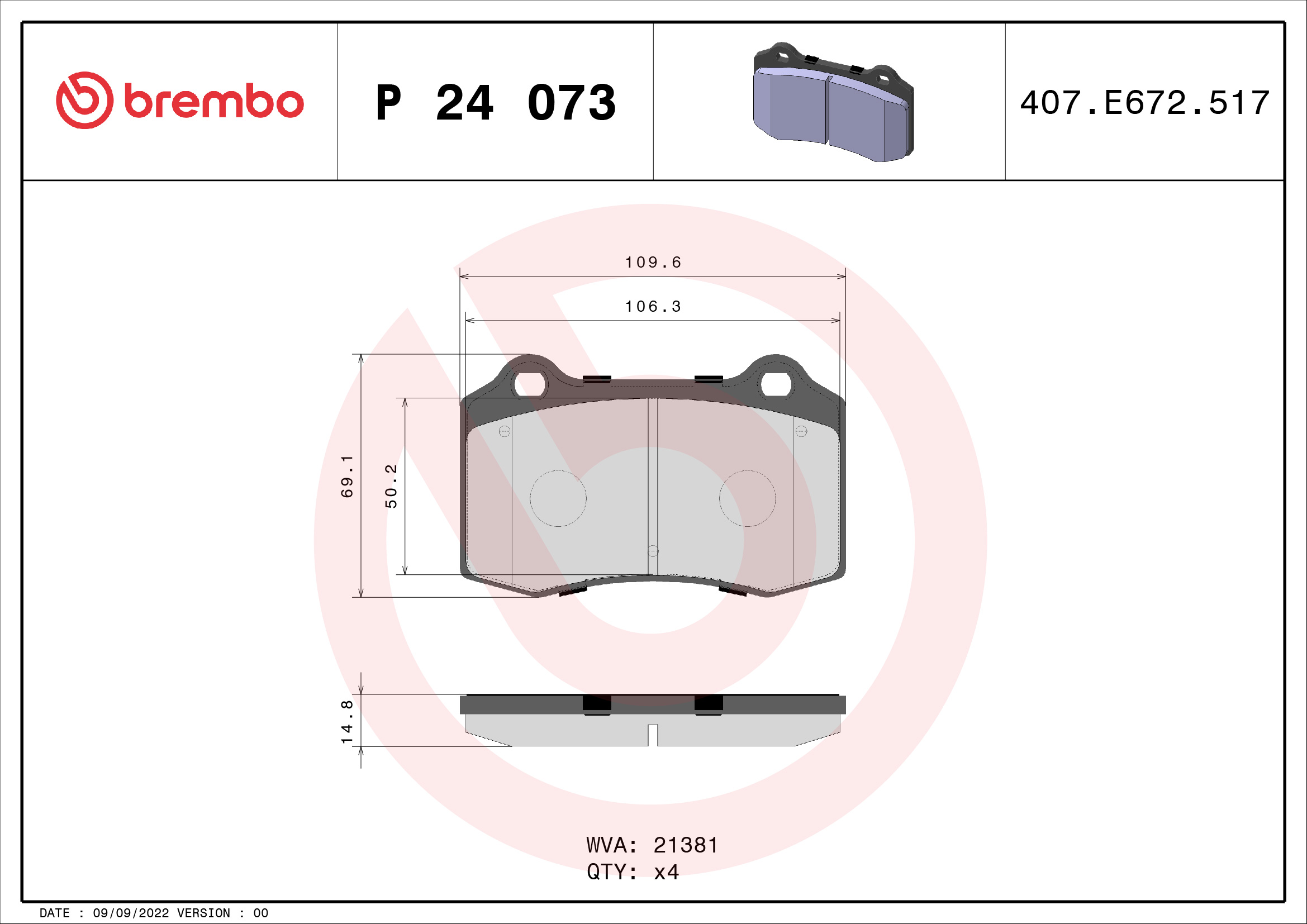 Brake Pad Set, disc brake - P 24 073 BREMBO